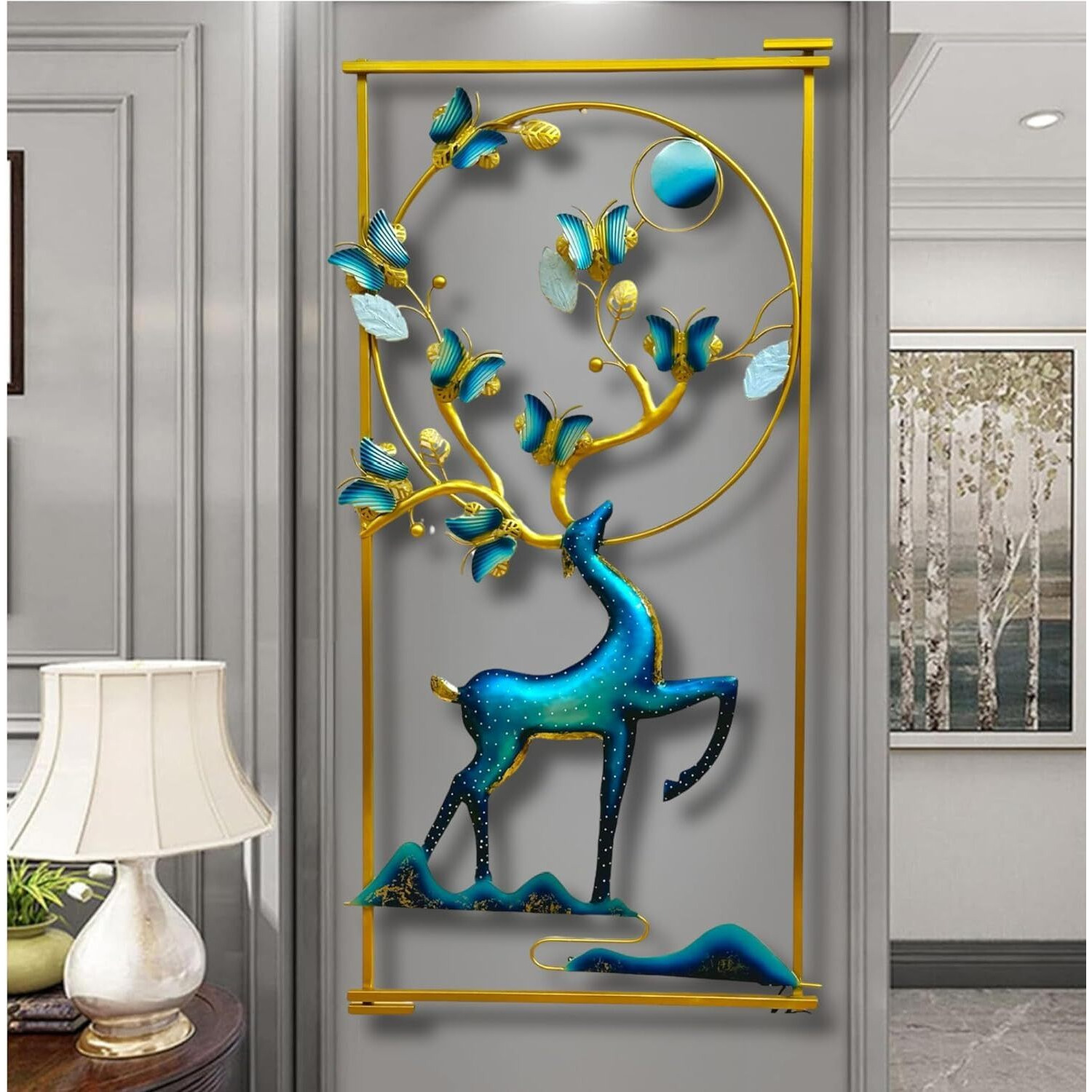 Anshika International Wall Art Deer And Butterfly Metal Frame With Led, Wall Sculpture For Living Room, Bedroom, Office Wall Hanging For Home Decorative Item-A2