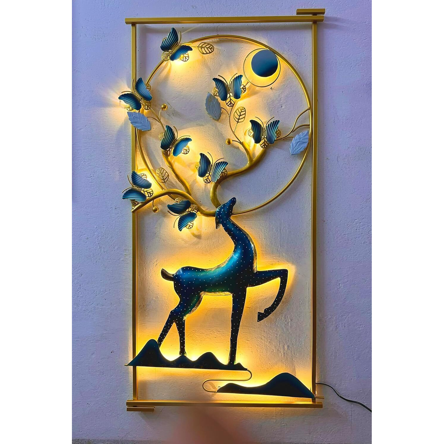 Anshika International Wall Art Deer And Butterfly Metal Frame With Led, Wall Sculpture For Living Room, Bedroom, Office Wall Hanging For Home Decorative Item-A2