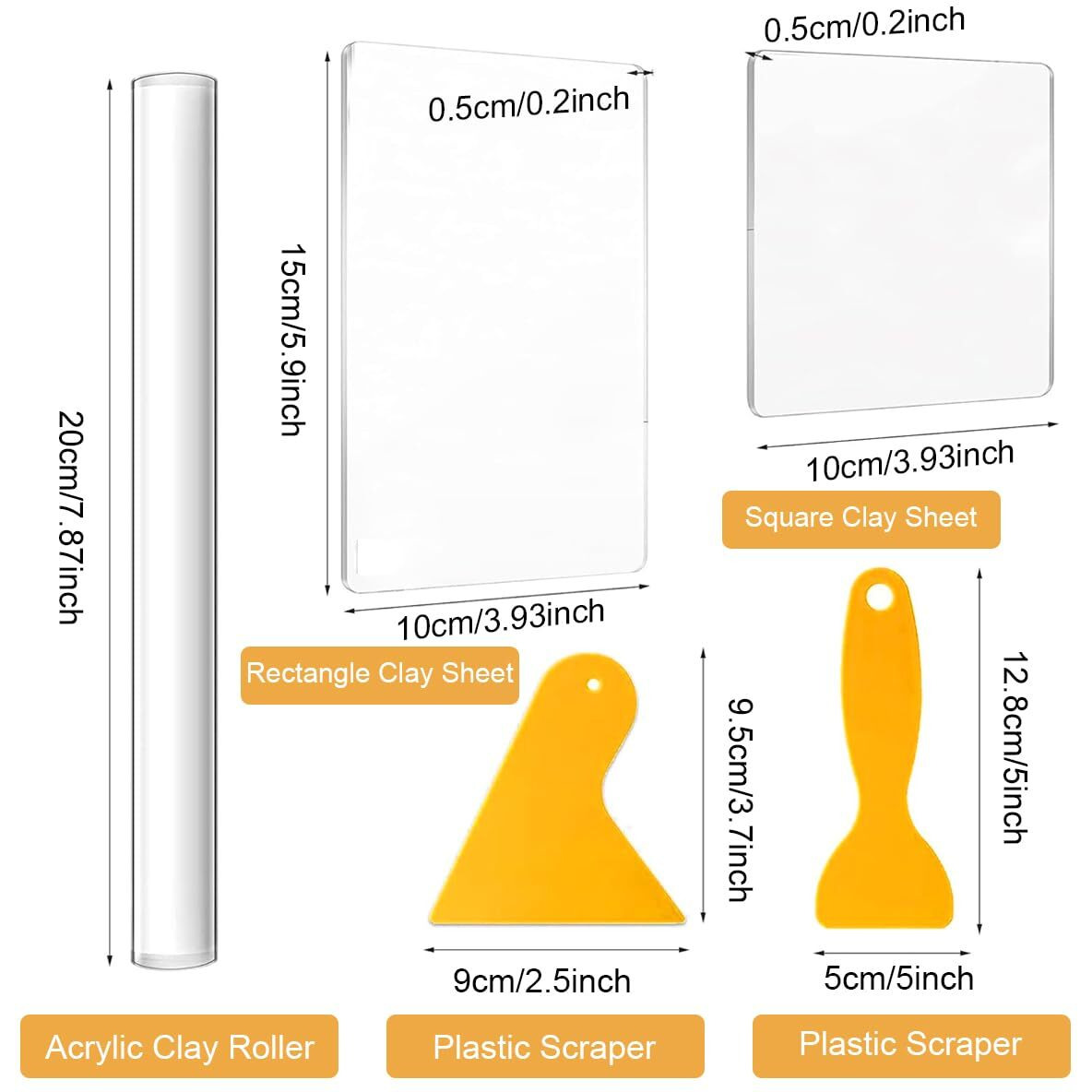 Serplex 5Pcs Craft Clay Tools Polymer Clay Diy Tool, Acrylic Clay Roller With Acrylic Sheet Backing Board Plastic Scraper Assisted Shovel Rubber Clay Tools Molds For Shaping And Sculpturing Modelling