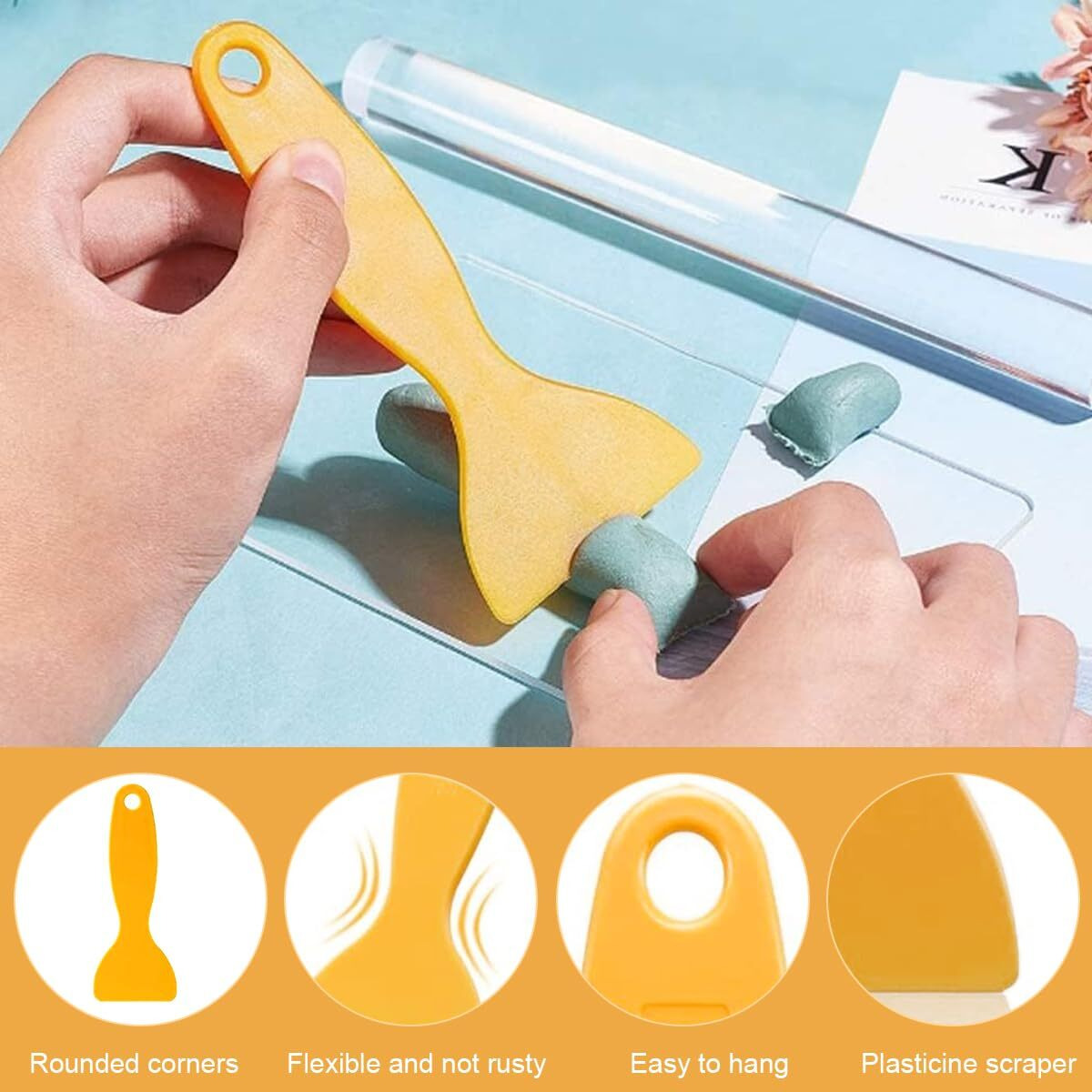 Serplex 5Pcs Craft Clay Tools Polymer Clay Diy Tool, Acrylic Clay Roller With Acrylic Sheet Backing Board Plastic Scraper Assisted Shovel Rubber Clay Tools Molds For Shaping And Sculpturing Modelling