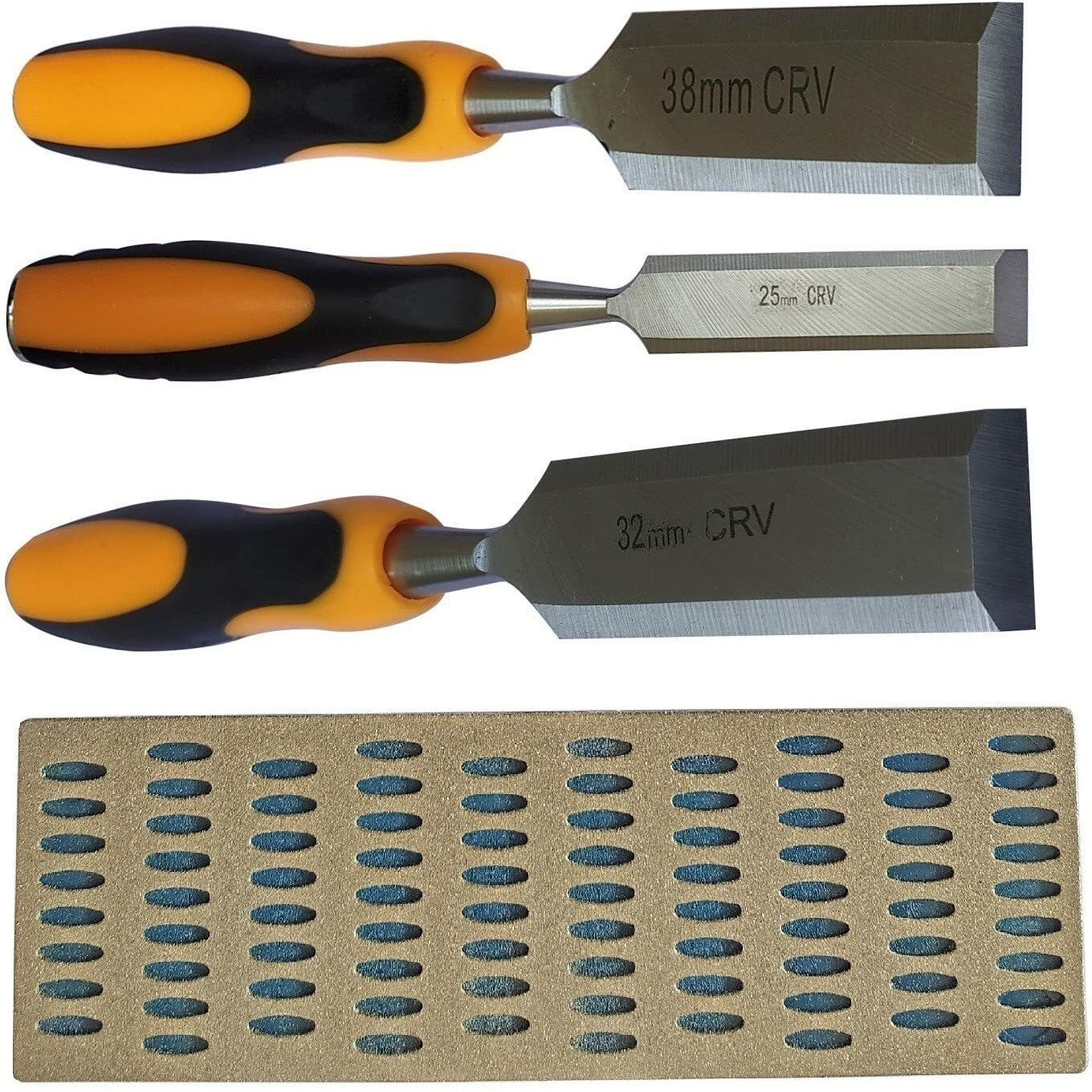 Dumdaar 3 Pc Wood Chisel 25Mm 32Mm 38Mm Crv With 1 Pc Sharpening Stone Bevel Chisel Set ()