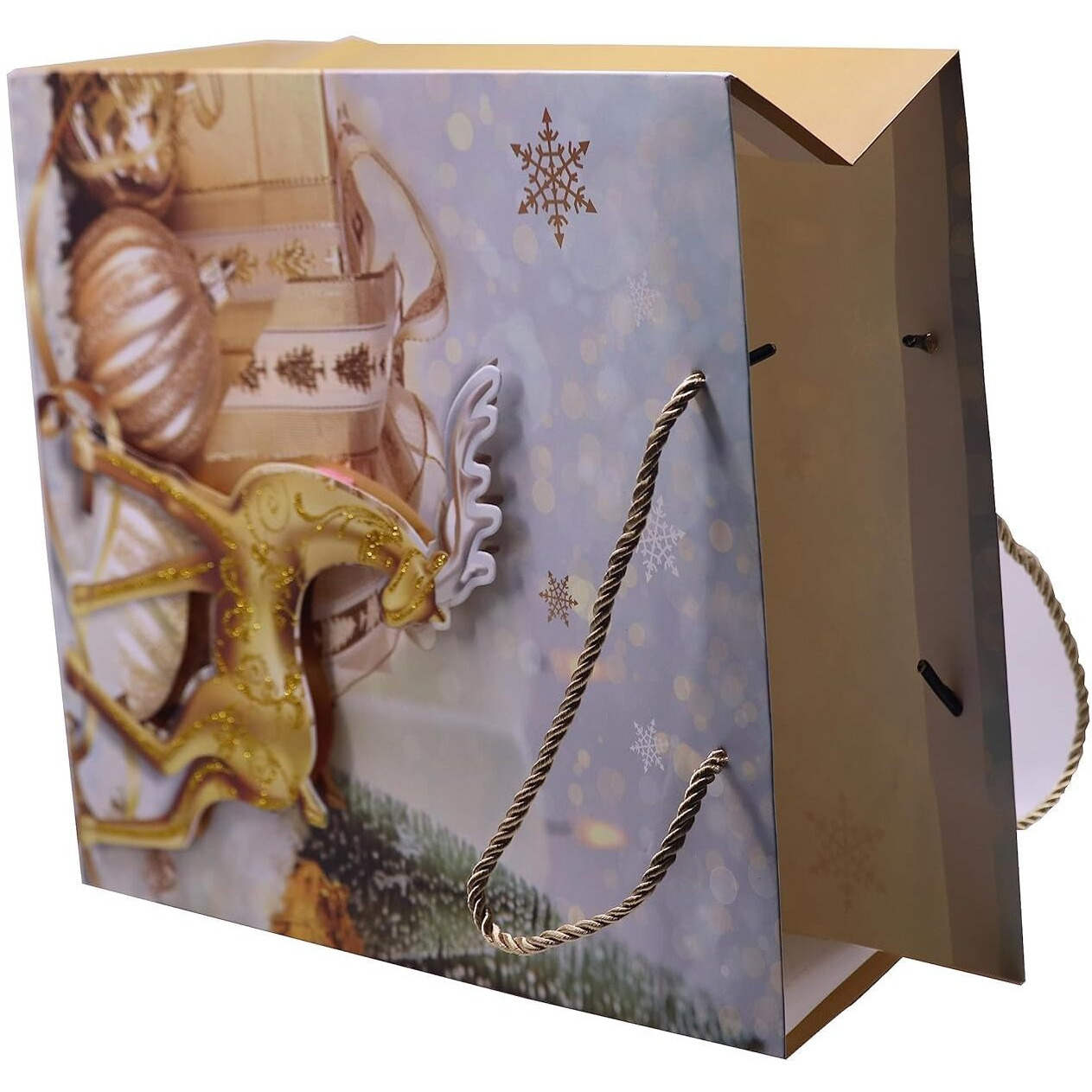 Teesta 3D Multi Various Designing Merry Christmas Theme Printed Gift Wrapping Bag Exclusive Look Tote Bag For Clothing Present Box Packaging Xmas Party Bag (Golden, Medium -Set Of 4)