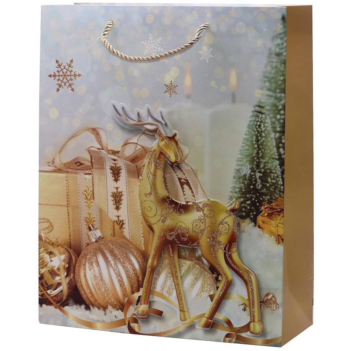 Teesta 3D Multi Various Designing Merry Christmas Theme Printed Gift Wrapping Bag Exclusive Look Tote Bag For Clothing Present Box Packaging Xmas Party Bag (Golden, Medium -Set Of 4)