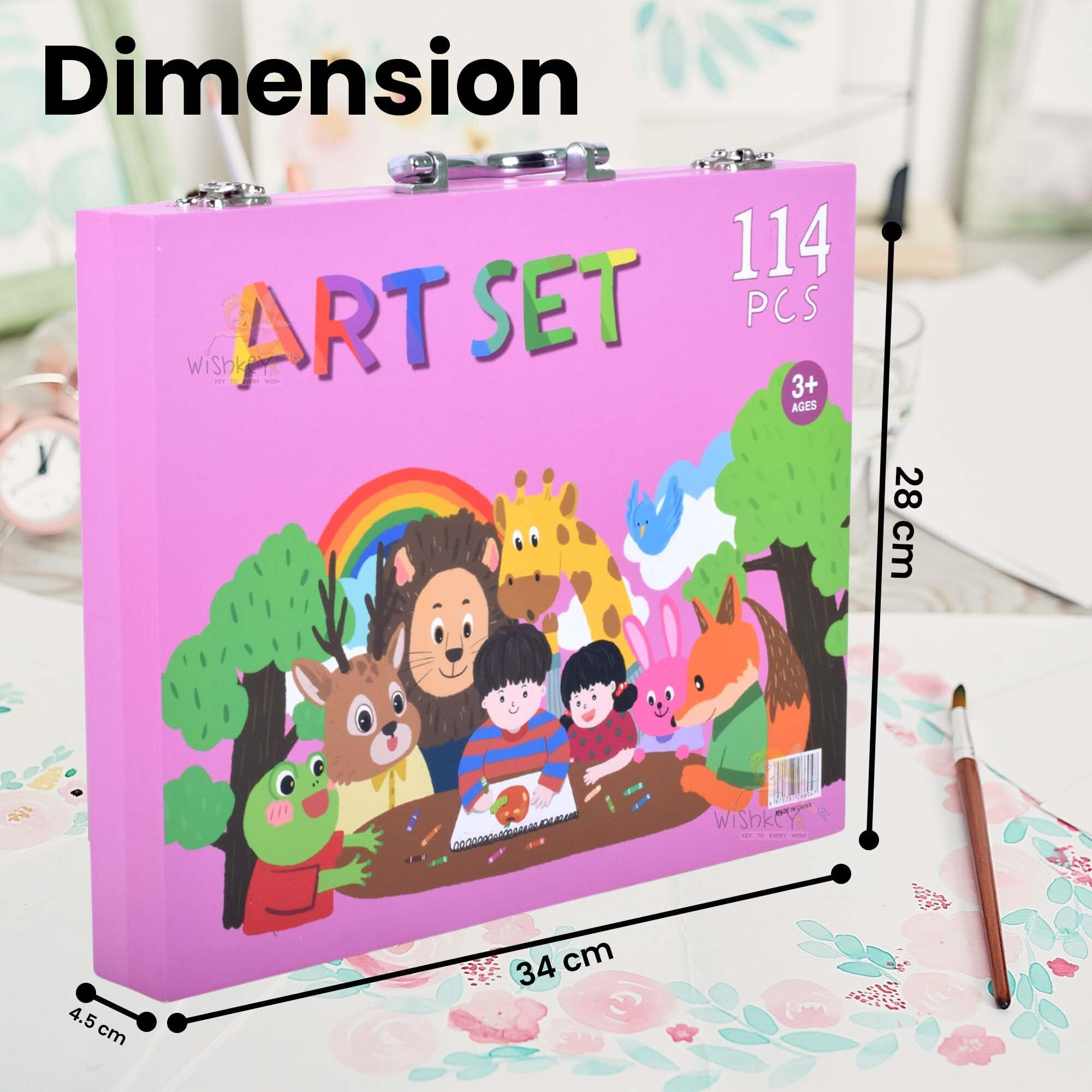 Wishkey 114 Pieces Art Set For Kids With Case, Animal Theme All In One Art And Craft Supplies Kit For Drawing And Painting With Markers, Paint Colors, Brush, Color Pencils, Crayons, (Pack Of 1, Pink)