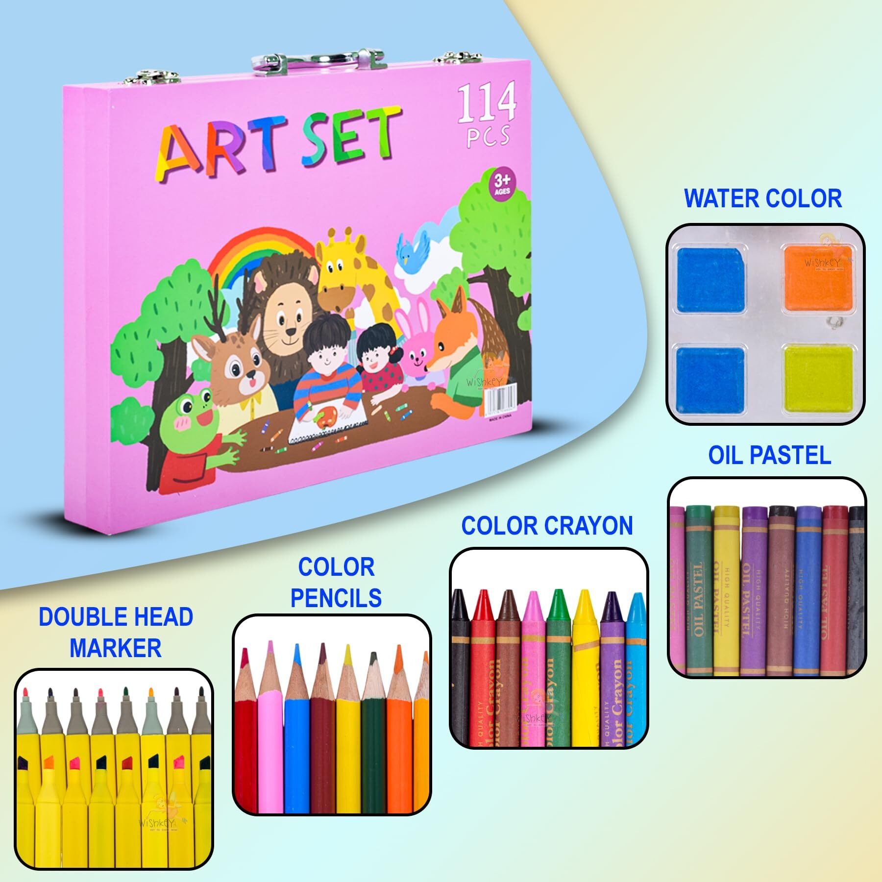 Wishkey 114 Pieces Art Set For Kids With Case, Animal Theme All In One Art And Craft Supplies Kit For Drawing And Painting With Markers, Paint Colors, Brush, Color Pencils, Crayons, (Pack Of 1, Pink)