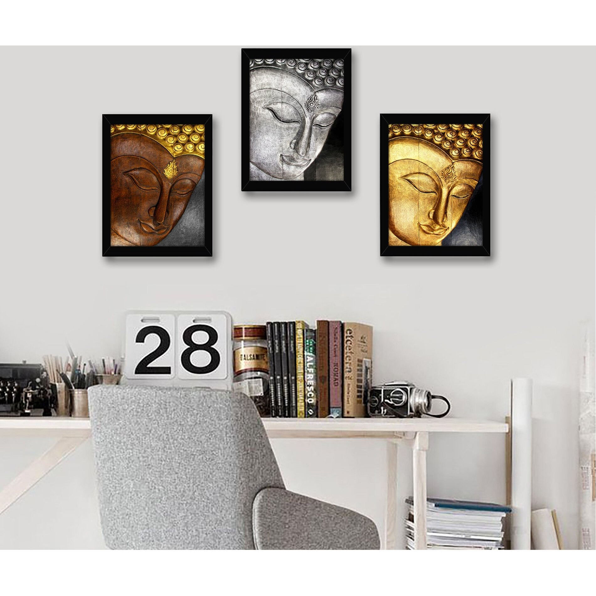 Tied Ribbons Set Of 3 Buddha Painting Framed Wall Art Paintings For Living Room Pooja Room Home Decor Office Bedroom Decorative Gift Items (13.6 Inch X 10.2 Inch)