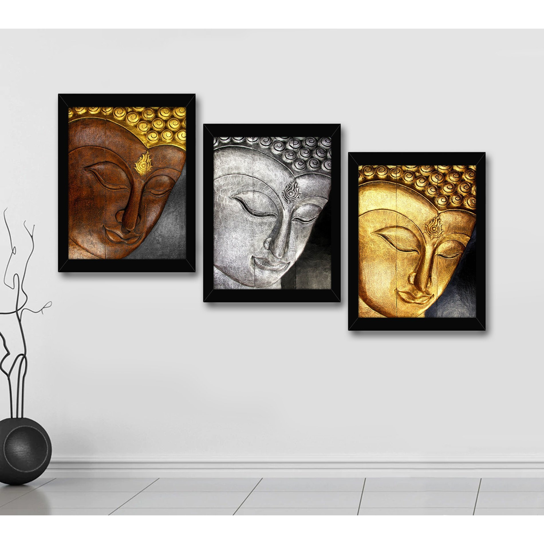 Tied Ribbons Set Of 3 Buddha Painting Framed Wall Art Paintings For Living Room Pooja Room Home Decor Office Bedroom Decorative Gift Items (13.6 Inch X 10.2 Inch)