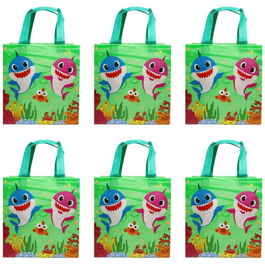 Wonderland Set Of 6 Green Color Shark Print Non Woven Bag For Children Birthday Return Gift Bag, Boy, Girl Gifting Bag