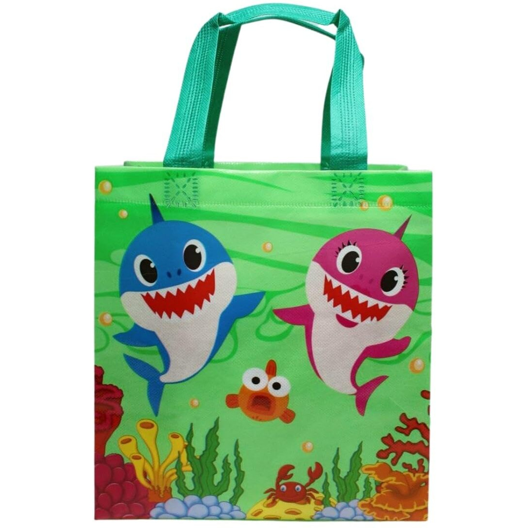 Wonderland Set Of 6 Green Color Shark Print Non Woven Bag For Children Birthday Return Gift Bag, Boy, Girl Gifting Bag
