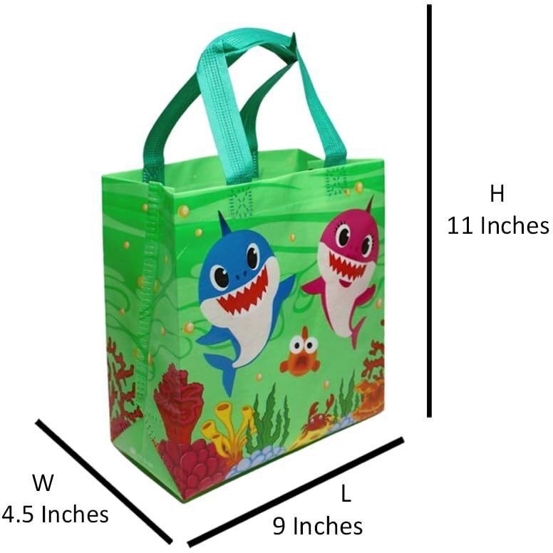 Wonderland Set Of 6 Green Color Shark Print Non Woven Bag For Children Birthday Return Gift Bag, Boy, Girl Gifting Bag