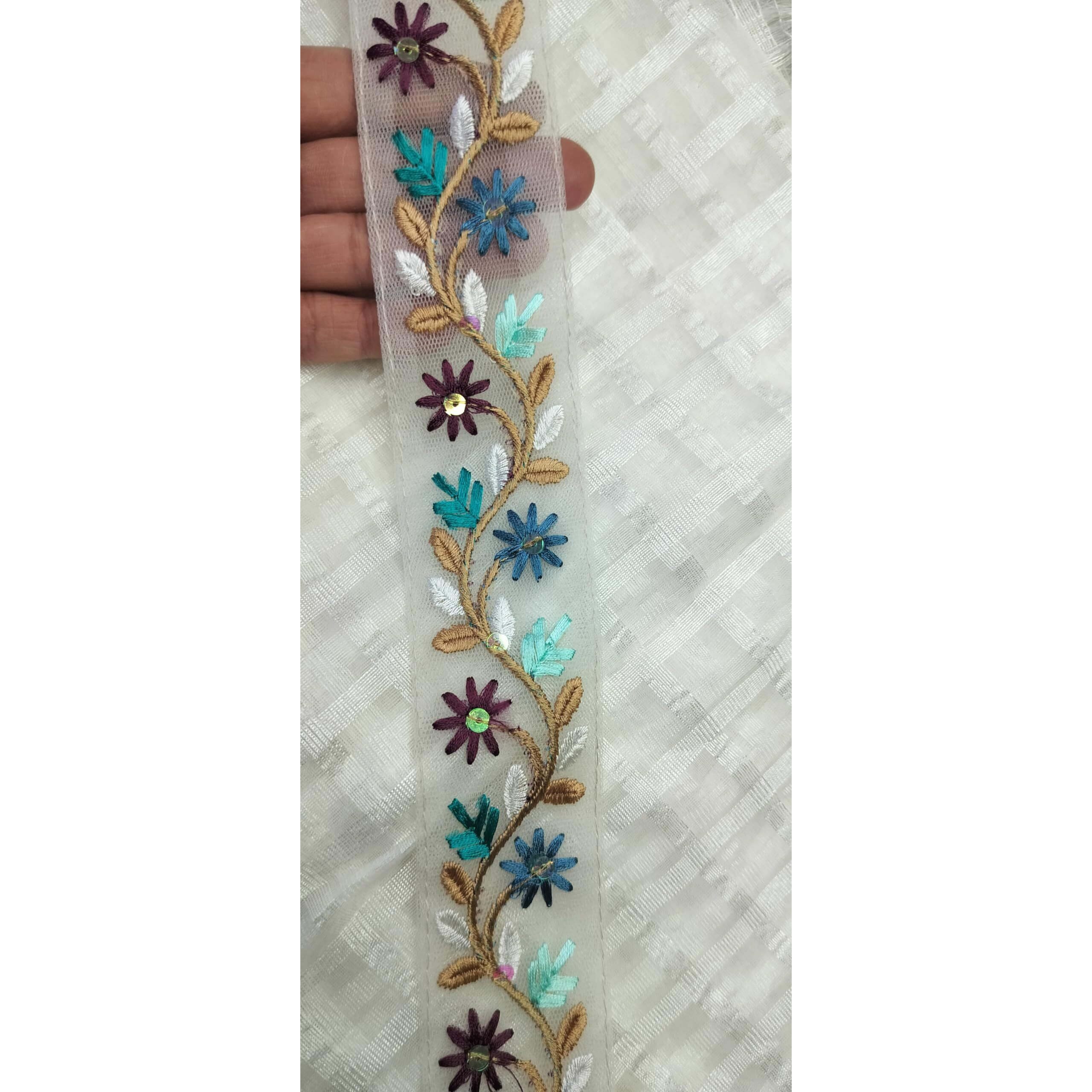 Sync White Lace Border Materials Embroidered Embroidery Threadwork Lace Border Sari Saree Dupatta Chunni Floral Flower Saree Blouse Dress Gown Decoration 9 Metre Multicolour Floral Flower Lace