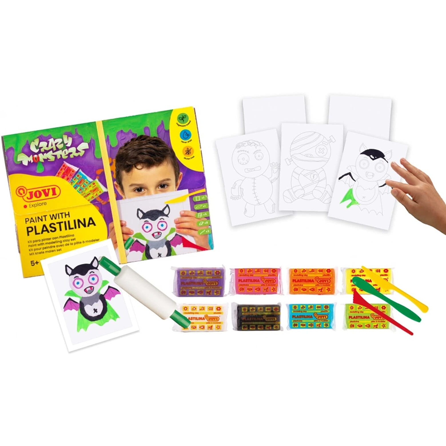 Jovi Paint With Plastilina Kit To Paint With Crazy Monsters, 8 Assorted Clay Bars Each Of 50Gms White Paper Frame 3 Modelling Tools 1 Roller 3 Predesigned Templates Diy For Art & Craft Modelling Play