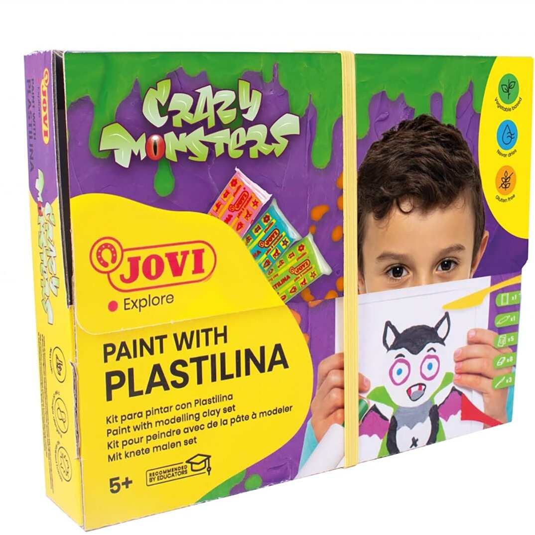 Jovi Paint With Plastilina Kit To Paint With Crazy Monsters, 8 Assorted Clay Bars Each Of 50Gms White Paper Frame 3 Modelling Tools 1 Roller 3 Predesigned Templates Diy For Art & Craft Modelling Play
