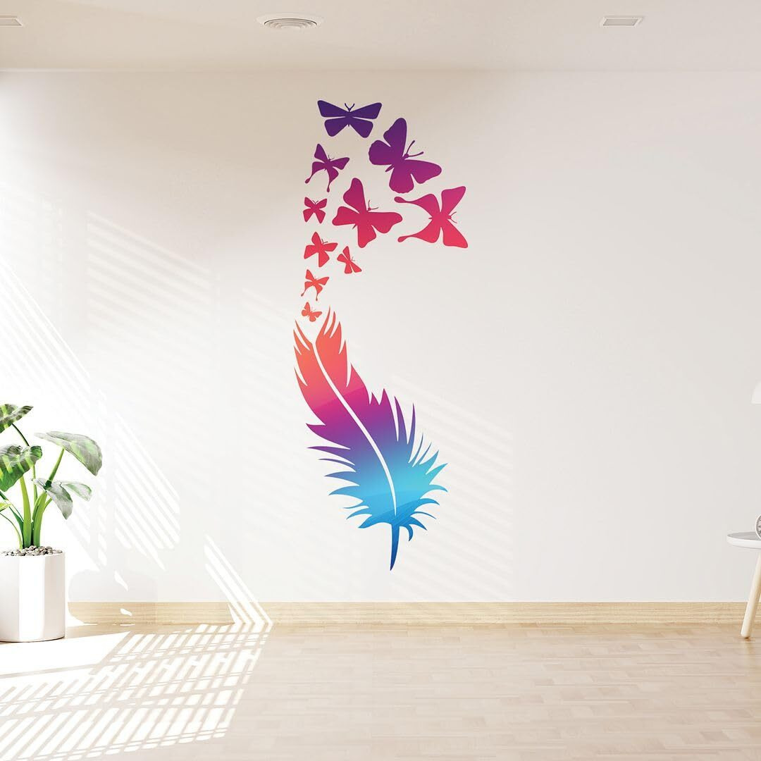 Cvanu Sky-Blue Feather Vinyl Self-Adhesive Wall Sticker Decal For Wall Decoration (24Inx10In)_F172