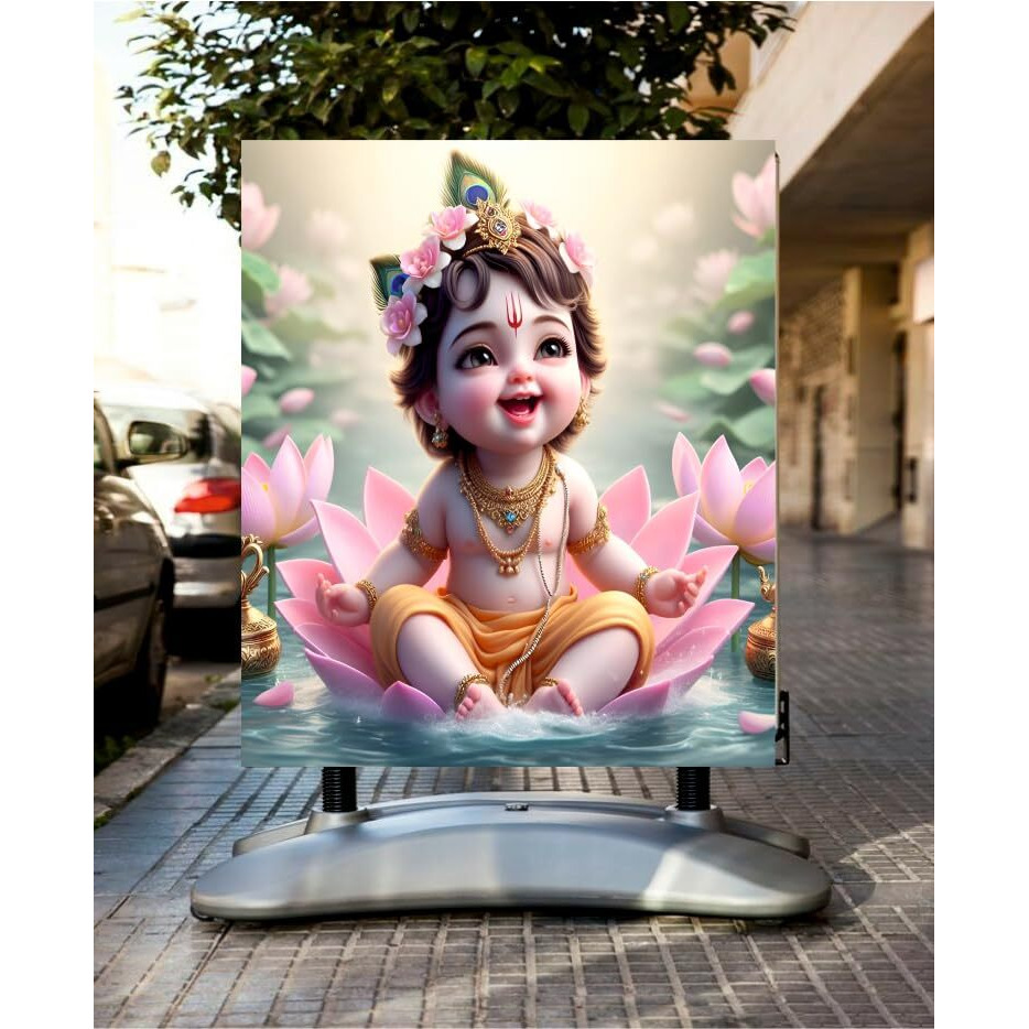 Anabia Decor Baby Krishna With Pink Flower Water God Wall Poster For Living Room,Bed Room,Office,Kidsroom (Size - 45Cm X 45Cm)