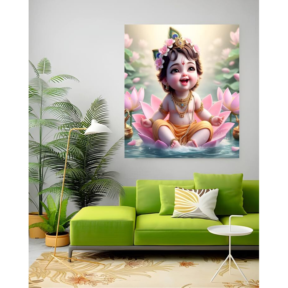 Anabia Decor Baby Krishna With Pink Flower Water God Wall Poster For Living Room,Bed Room,Office,Kidsroom (Size - 45Cm X 45Cm)