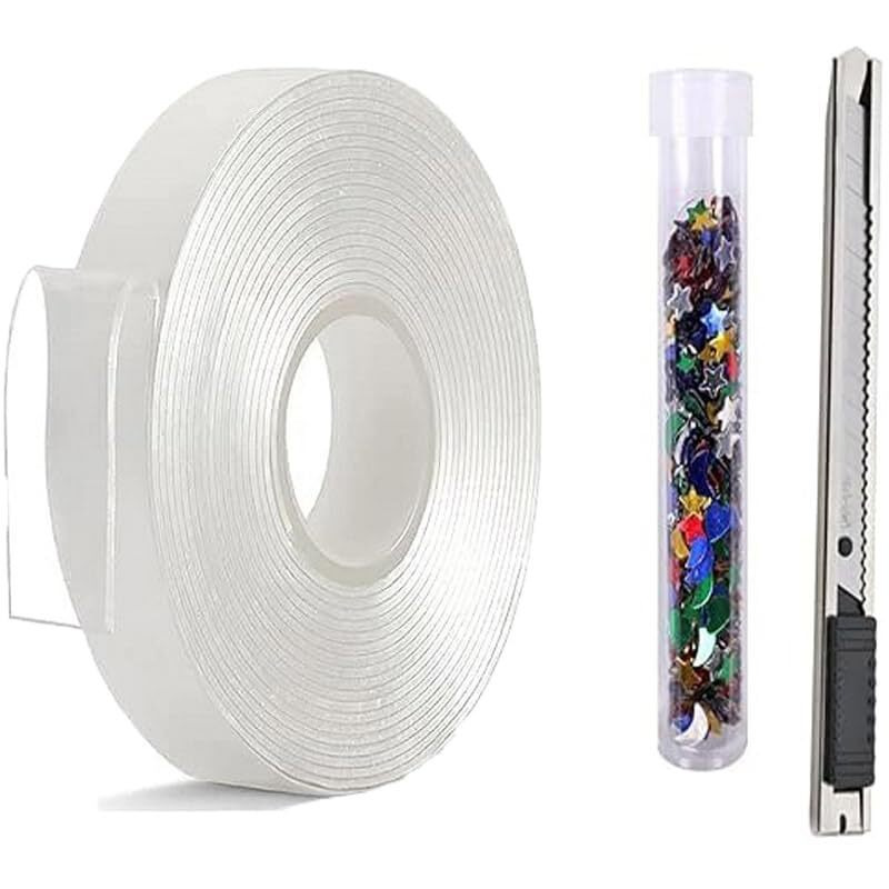 Voiish Double Sided Nano Tape With Cutter Glitter 3 Meter Traceless Mounting Adhesive Tape For Washable Reusable Strong Tape Art & Craft (Pack Of 1)