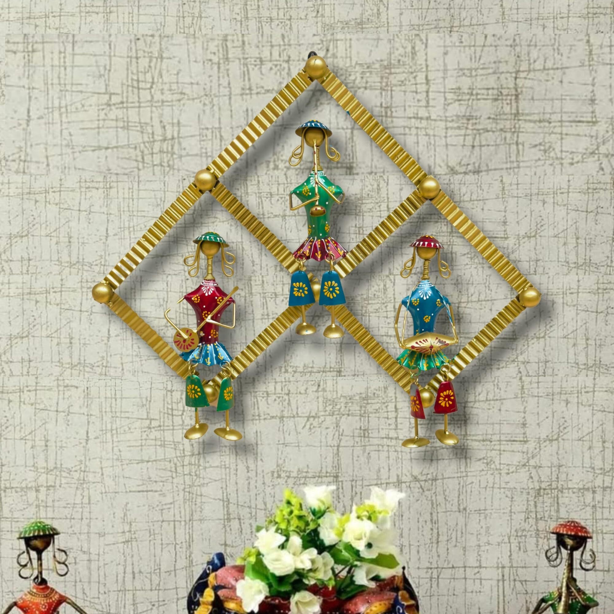 Rsn Metal Tribal Musicians Doll Sitting On 3 Round Frame For Wall Decor/Wall Hanging/Rajasthani Wall Art(19.5 X 22X 2 Inches)