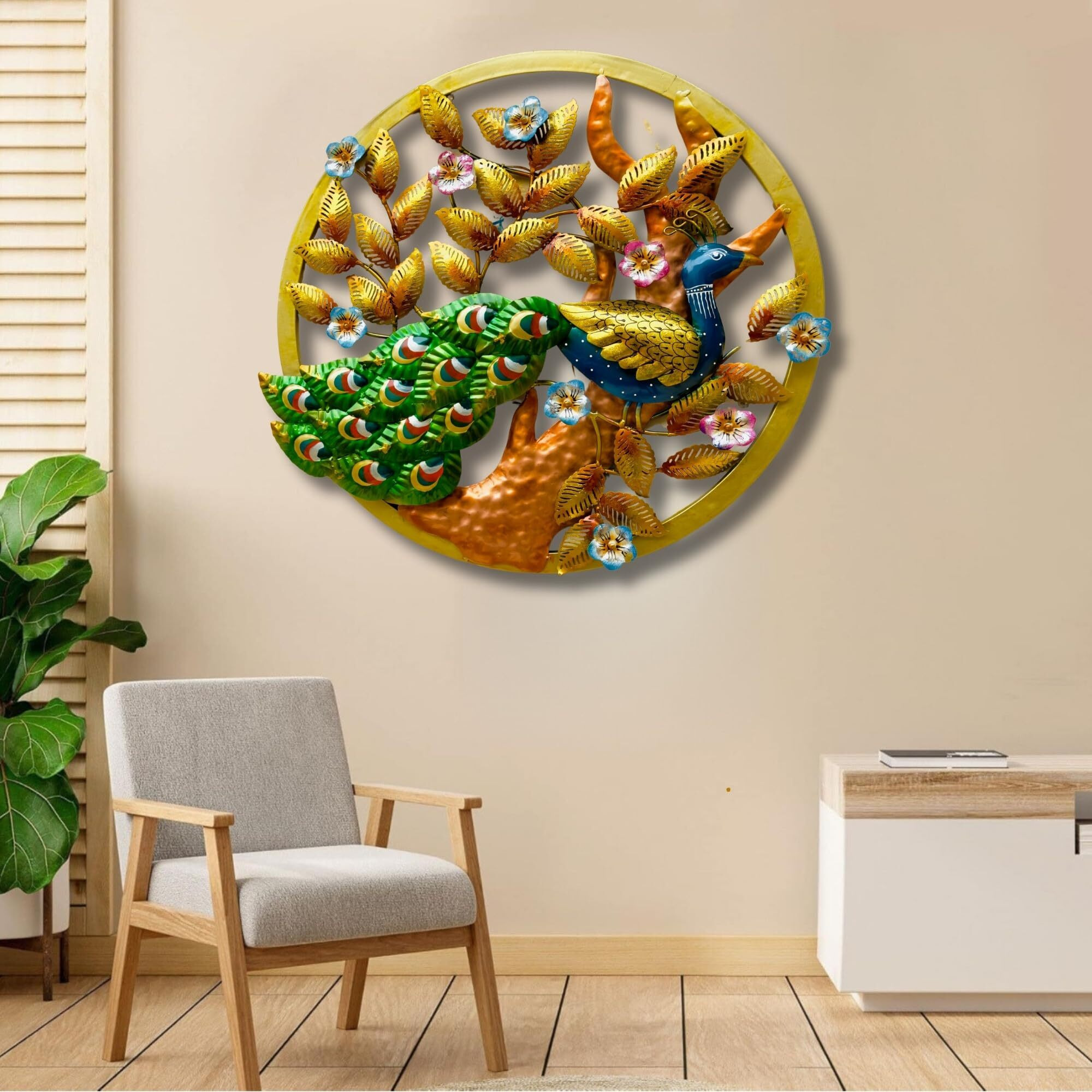 Anshika International Metal Multicolor Peacock Wall Decor,Metal Wall Hanging For Living Room, Wall Art Size-24X24 Inch