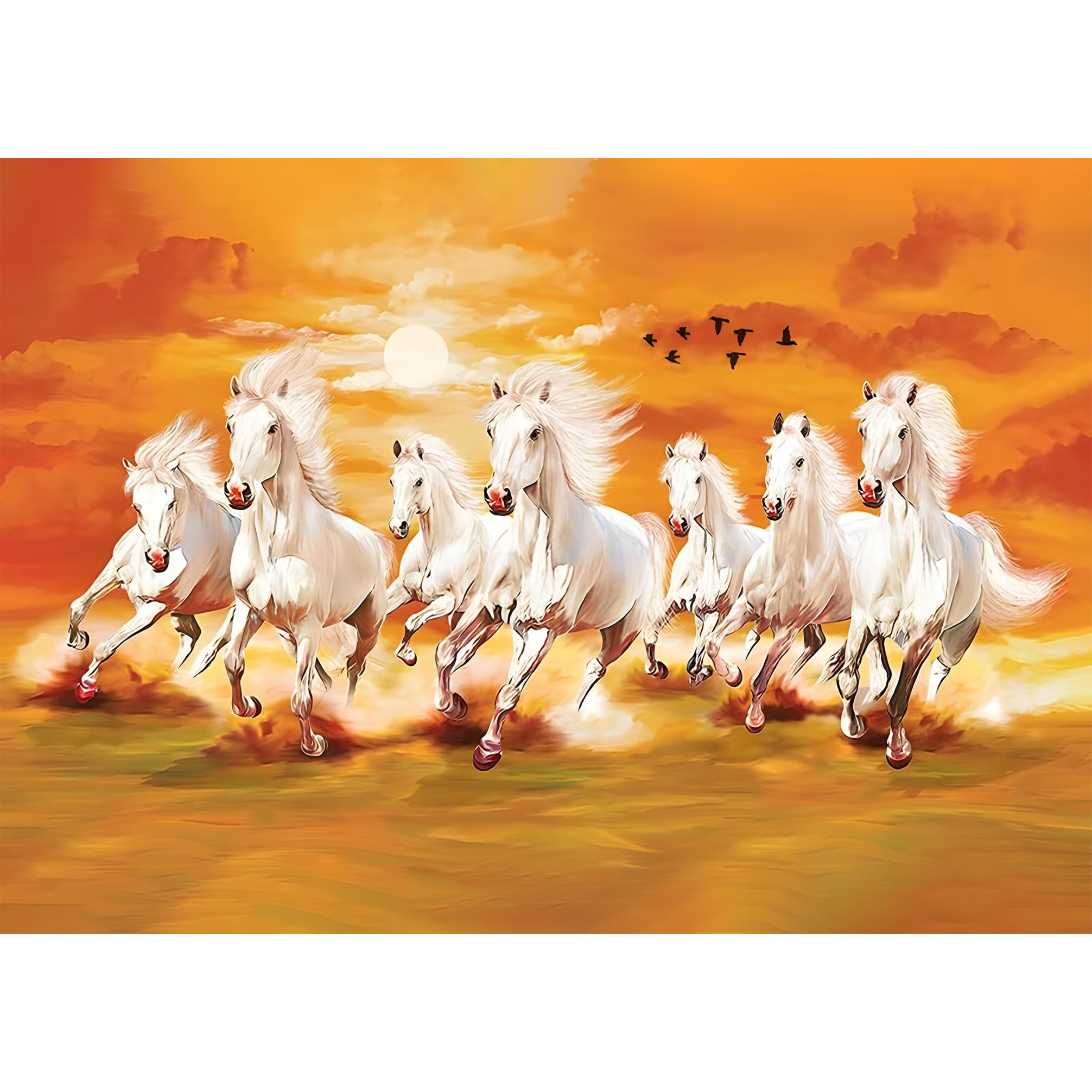 7 Horses Wall Sticker | Vastu Poster With Sunrise | Big Size Running Horses Decor For Living Room Decoration