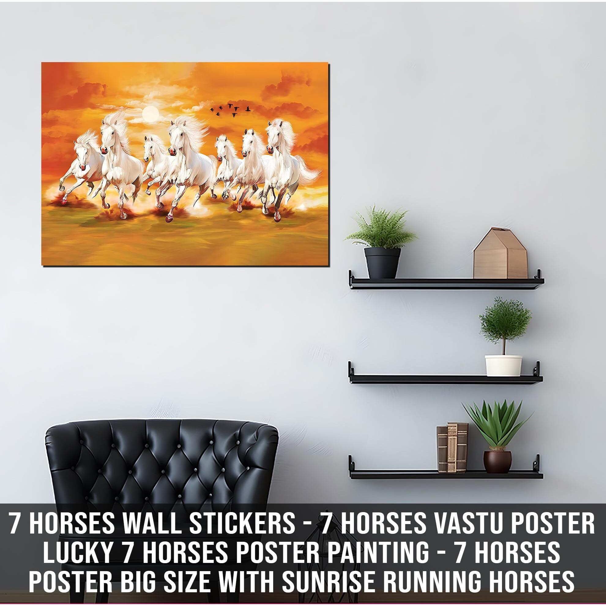 7 Horses Wall Sticker | Vastu Poster With Sunrise | Big Size Running Horses Decor For Living Room Decoration