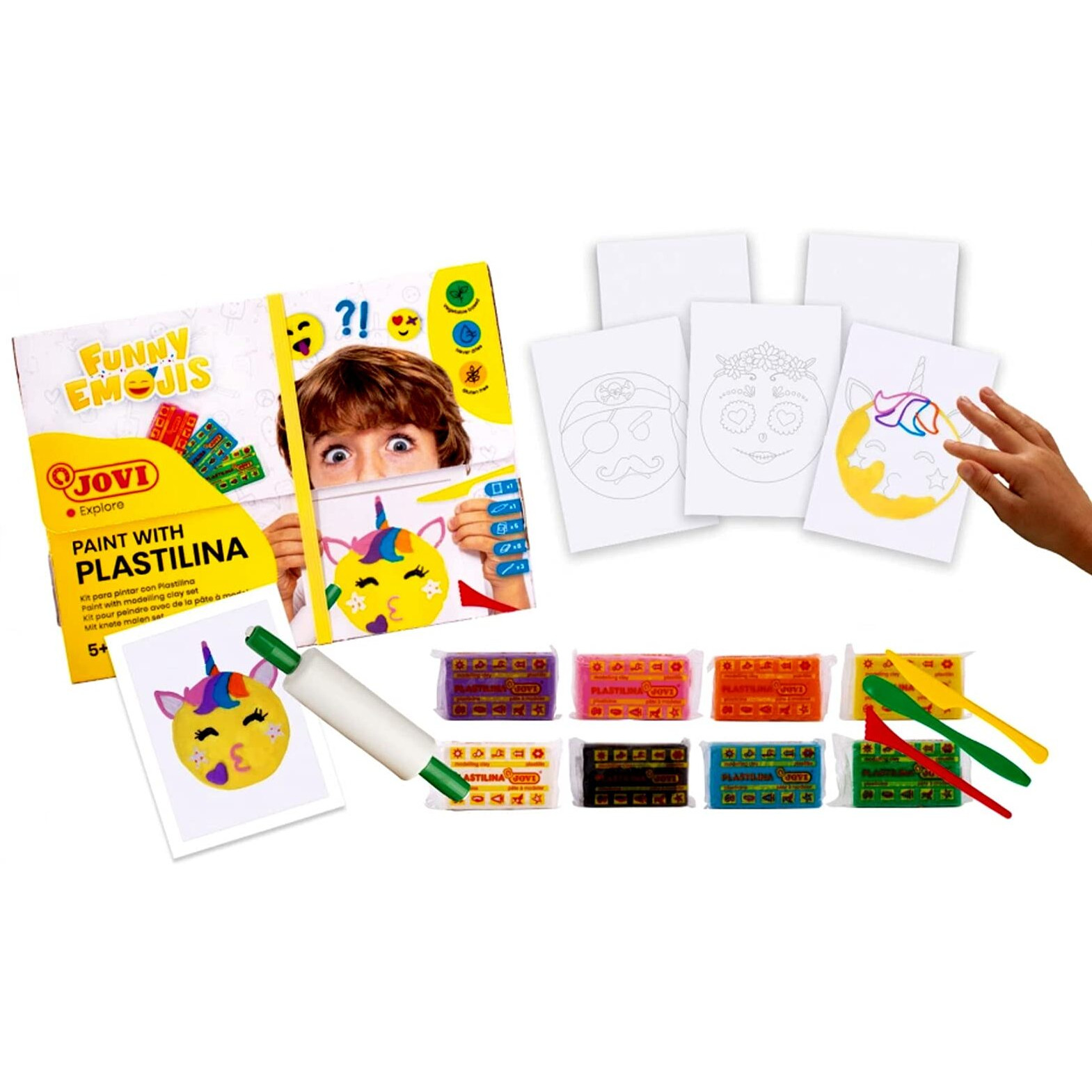 Jovi Paint With Plastilina Kit To Paint With Funny Emojis, 8 Assorted Clay Bars Each Of 50Gms White Paper Frame 3 Modelling Tools 1 Roller 3 Predesigned Templates Diy For Art & Craft Modelling Play