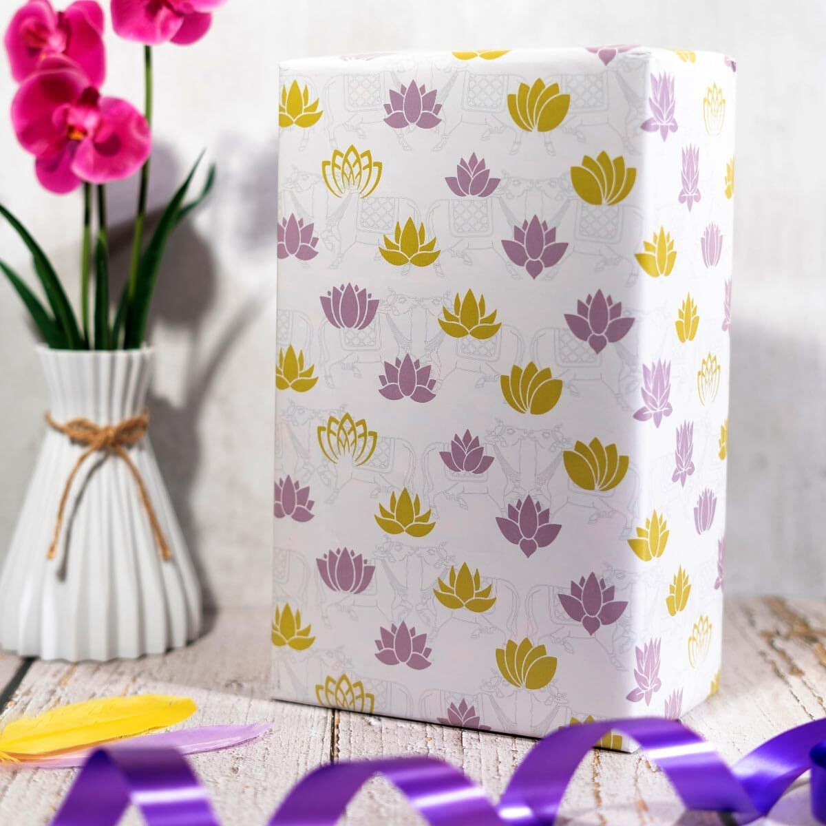 Evince Pichwai Lotus Pattern Gift Wrapping Paper | For Diwali Xmas Corporate Gifting And All Occasion | Wrap Your Gift With Indian Culture(Pack Of 25)(70 X 50 Cms Large Size)