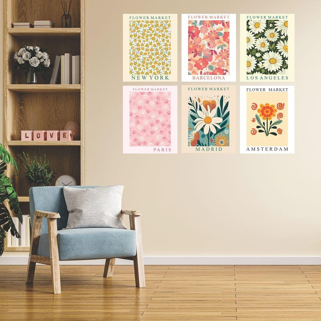Cvanu Set Of 6 Beautiful Flower Market Botanical Design Printed Aesthetic Wall Art Collage Kit Posters With Glue Dot Tape For Hall| Living Room| Bedroom| Cafe| Shops| Office| Home Wall Decor Item (10Inchx8Inch)_303