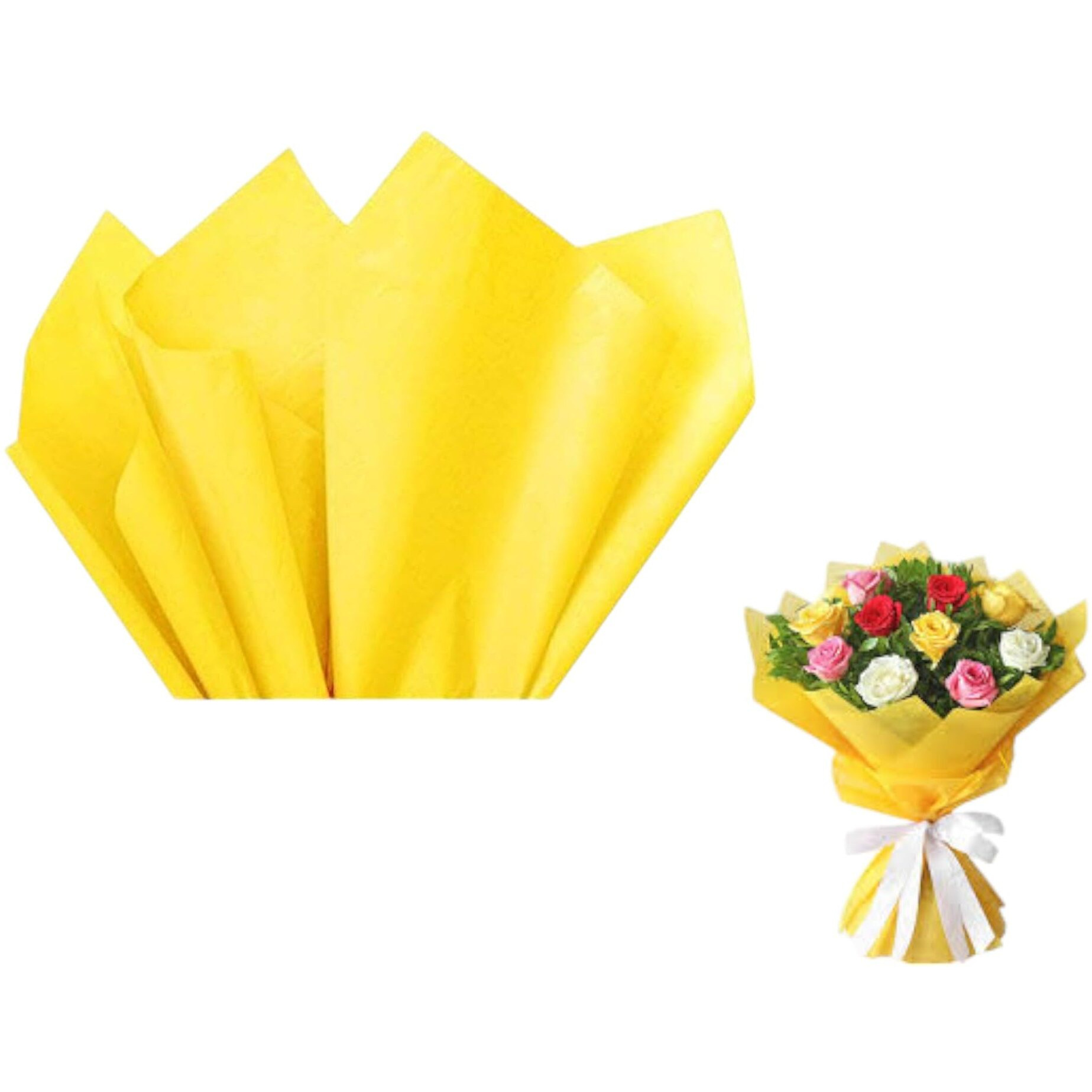 Pandeji 32Cm X 30 Cm Cut Size Non-Woven Sheets For Flowers Wrapping, Flower Bouquet Wrapping Paper Floral Supplies For Fresh Flowers (Yellow Color, Pack Of 100 Sheets)