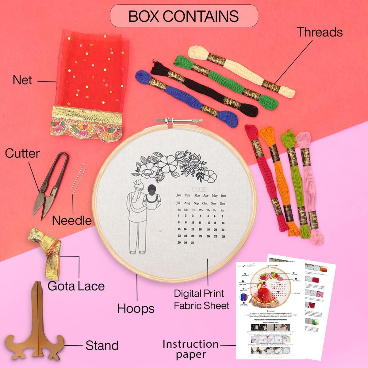 Picknmake Diy Personalized Wedding Anniversary Embroidery Kit For Beginners, Calendar Hoop Art With 3D Bride & Groom Design, Floral Motifs, And Display Stand  Perfect For Weddings & Anniversaries