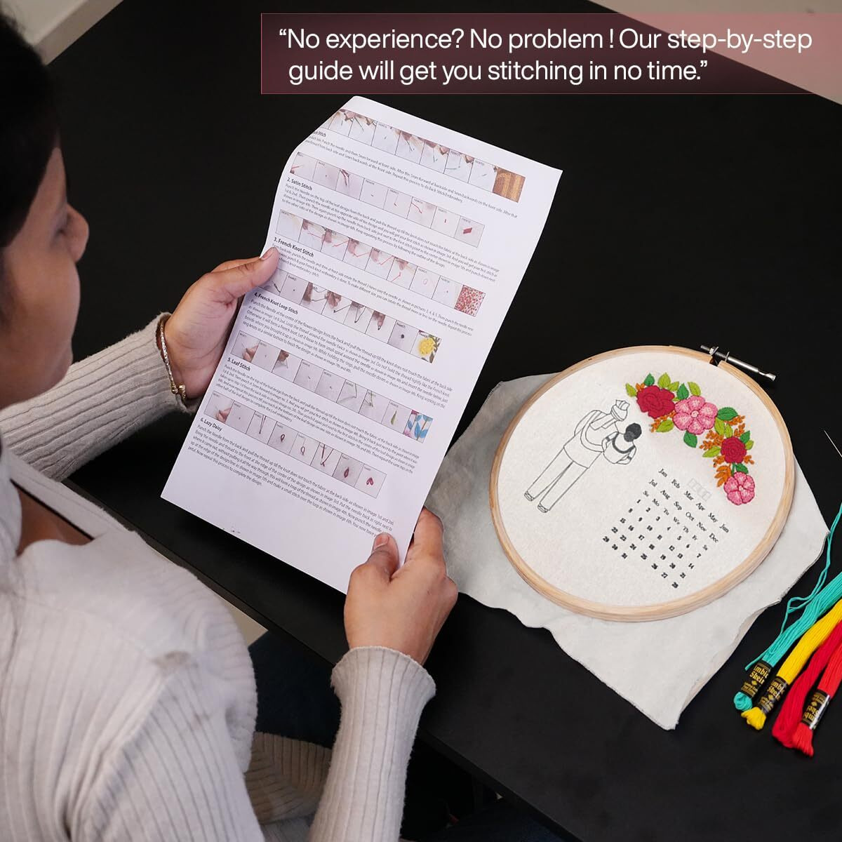 Picknmake Diy Personalized Wedding Anniversary Embroidery Kit For Beginners, Calendar Hoop Art With 3D Bride & Groom Design, Floral Motifs, And Display Stand  Perfect For Weddings & Anniversaries