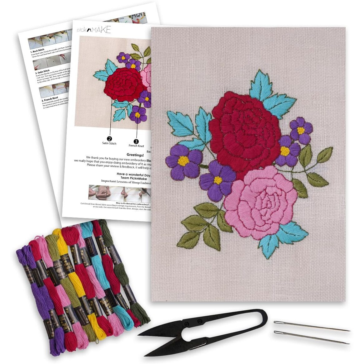 Picknmake Hoop-Free Needle Stitch Elegant Blooms Diy Hand Embroidery Kit Set For Beginners Adults, Stiff Jute Fabric Art Craft Work, Printed Floral Design With Threads, Needles, Cutter & Instruction