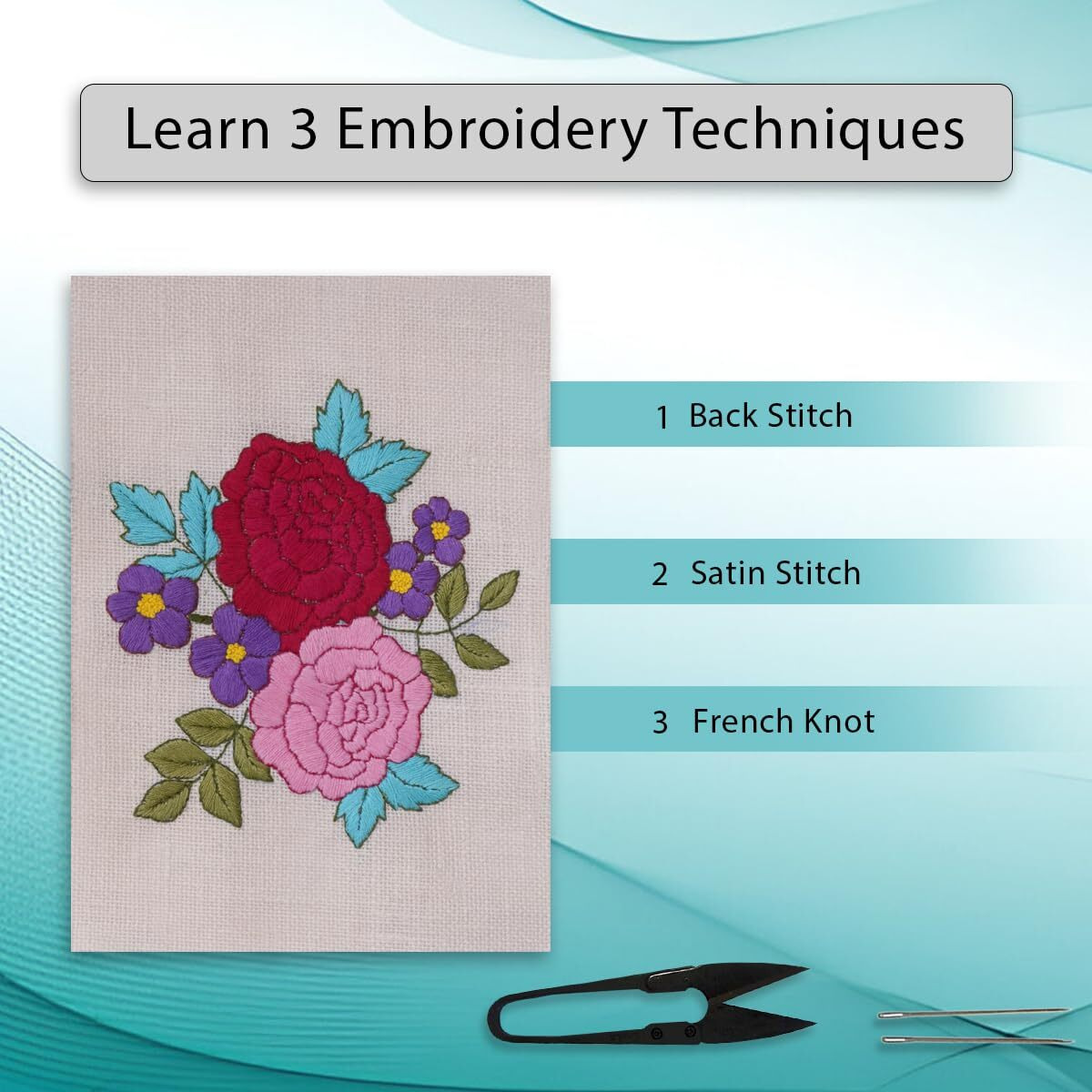 Picknmake Hoop-Free Needle Stitch Elegant Blooms Diy Hand Embroidery Kit Set For Beginners Adults, Stiff Jute Fabric Art Craft Work, Printed Floral Design With Threads, Needles, Cutter & Instruction