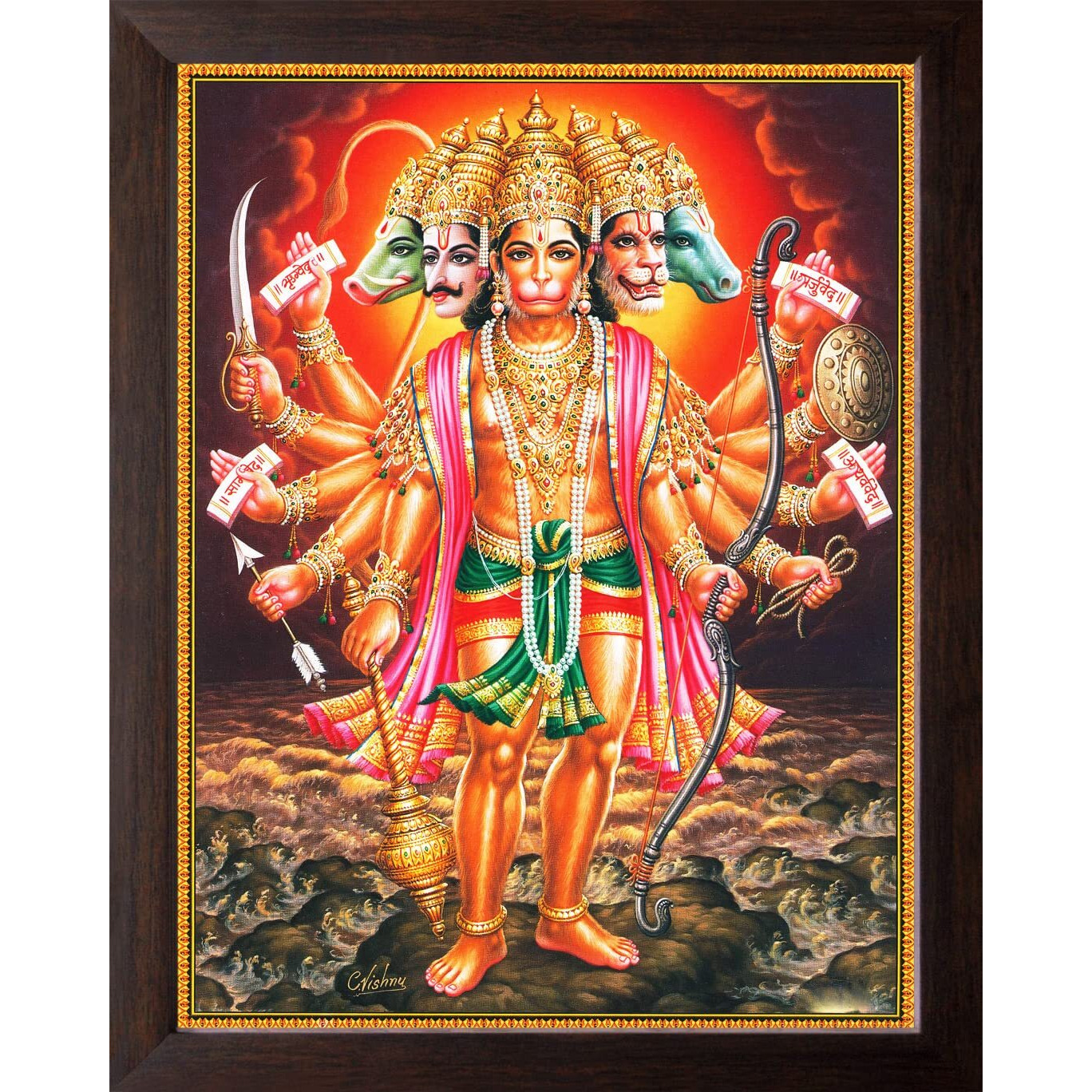 Art N Store Panchmukhi Hanuman Painting/High Contrast Religious Wall Decor Poster With Frame (Mdf Board, 30X23.5X1.5 Cm, Brown)