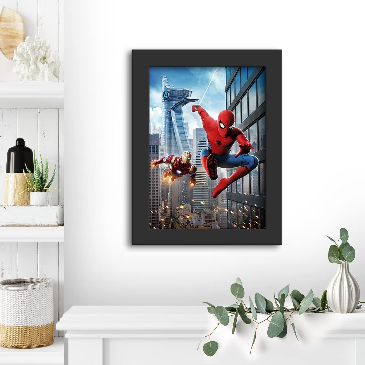 Dmcreativitycraft Iron Man And Spiderman Poster With Frame Marvel Posters For Wall Framed Wallpaper With 1 Inch Black Frames For Living Room, Bedroom, Kids, Desk Decor (9 X 12 Inches)