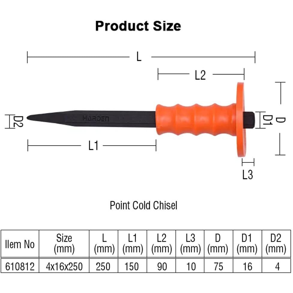 Harden 250Mm Point Head Concrete Mason Cold Chisel, One-Piece Forged And Heat Treated - 610812