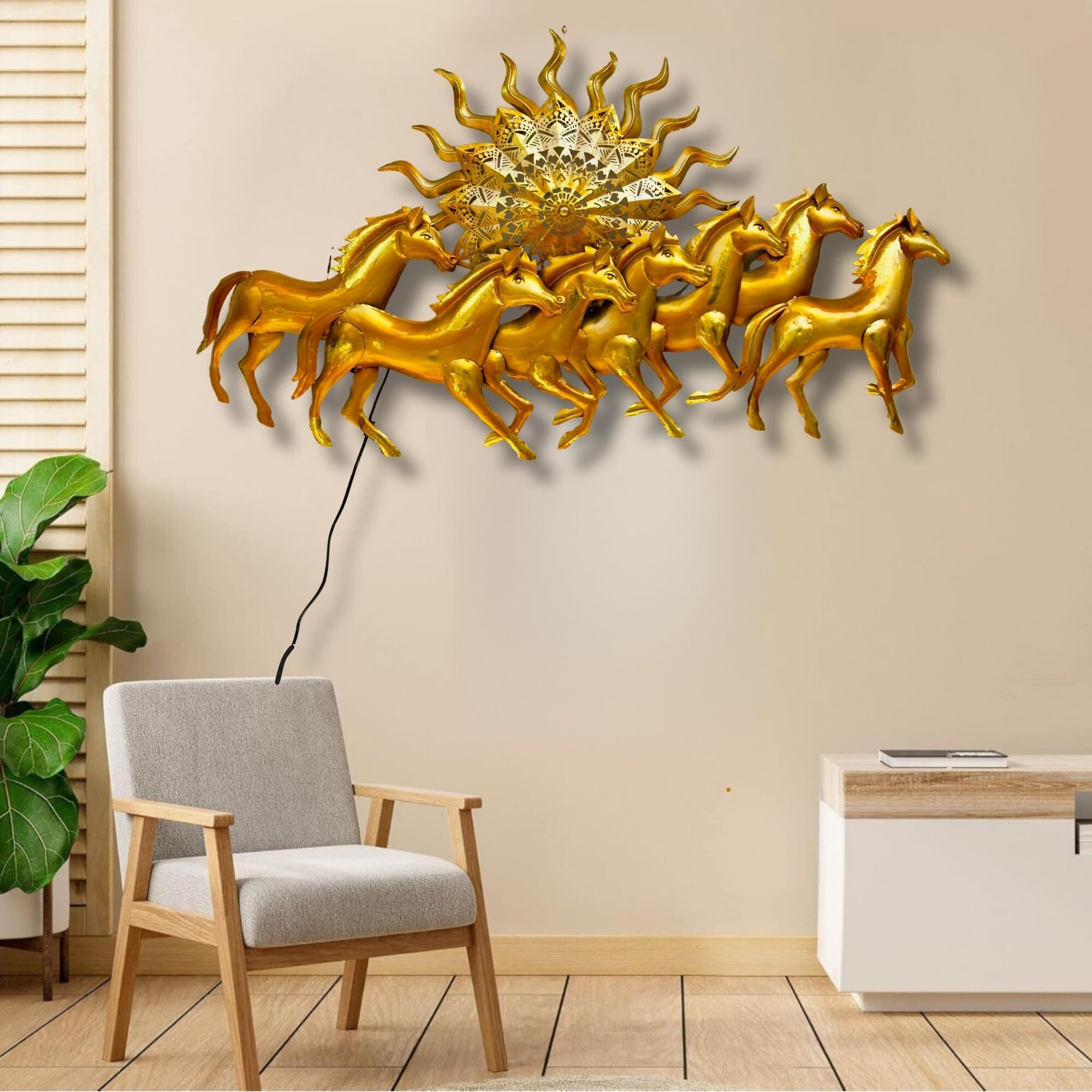Rsn Golden 7 Running Horses With Sun - Metal Wall Decor, With Led Light For Living Room, Drawing Room, And Office Decor-Size-50X2X26 Inch