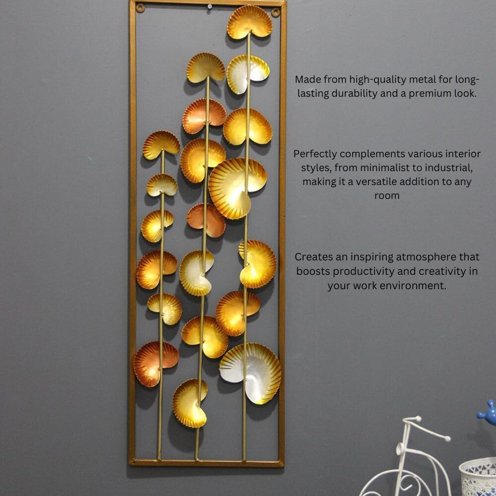 Pedex - Metal Wall Decor Leaf Wall Hanging Home Decor With Golden Frame, Metal Wall Art Decor Wall Sculptures For Living Room, Bedroom, Office, Hotel (Size 12" X 34")
