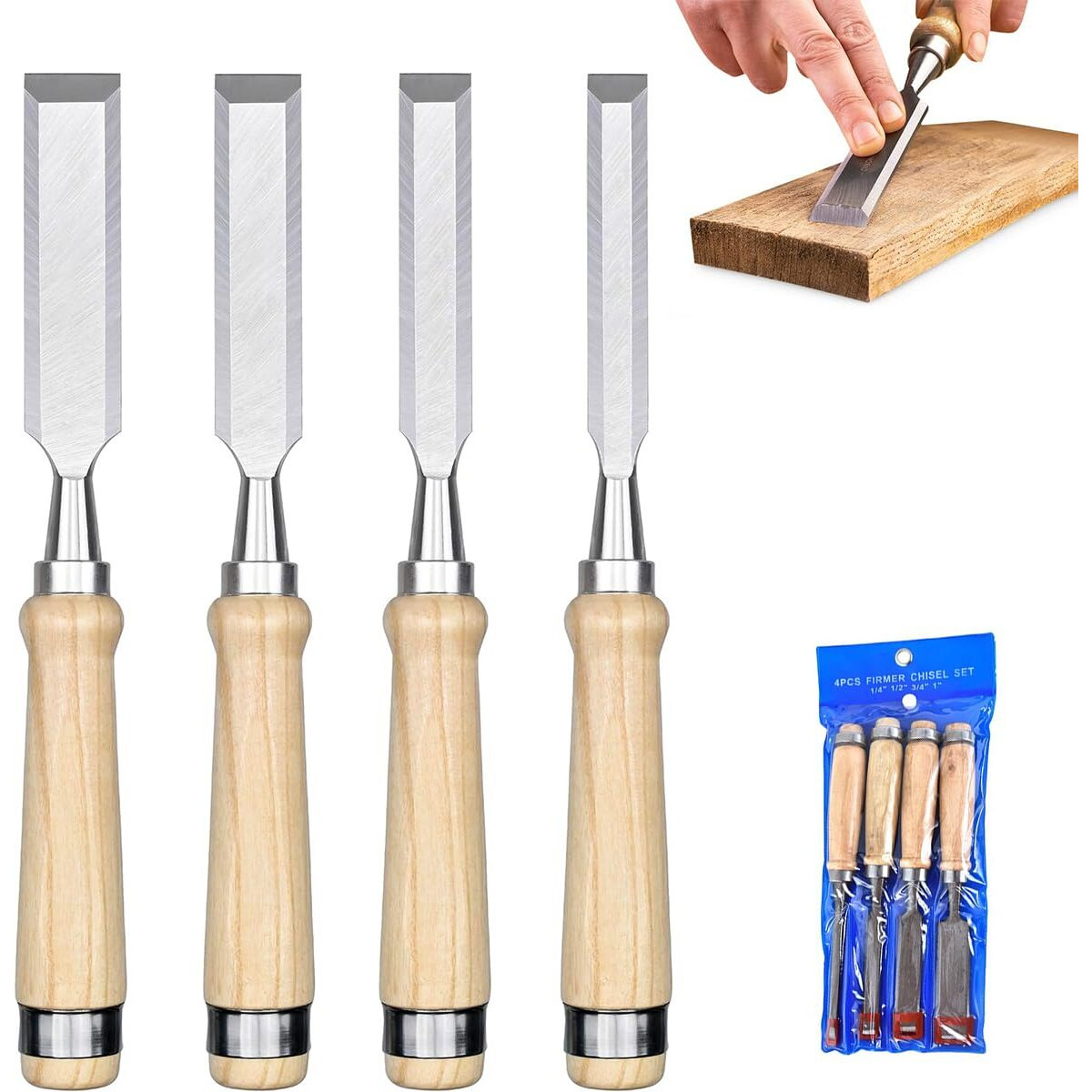 Serplex 4Pcs Wood Craft Chisel Set For Wood Craft Multi Sizes Bevel-Edge Craft Chisels Wooden Handle Chrome Vanadium Steel Chisels For Trimming, Shaping, Detailing