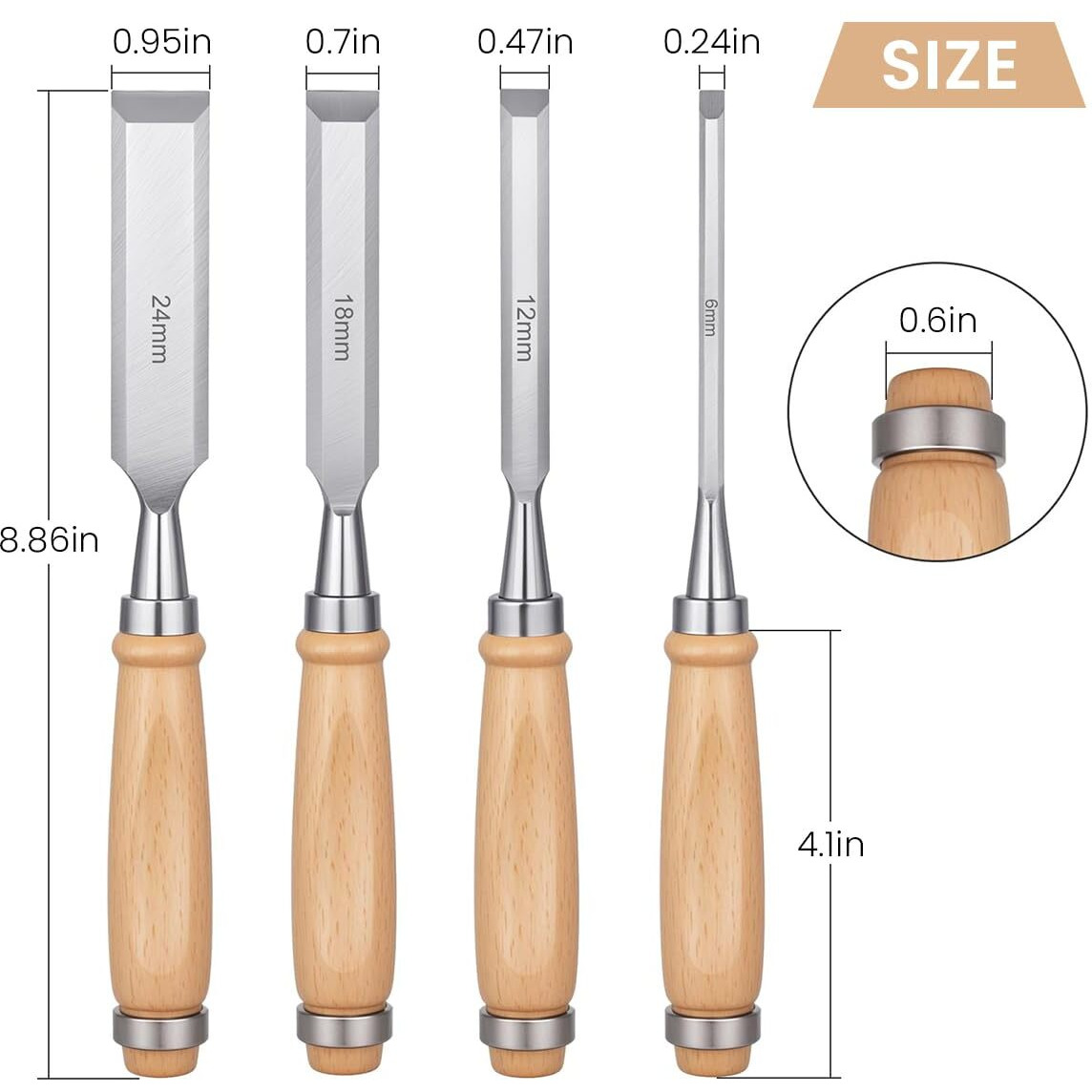 Serplex 4Pcs Wood Craft Chisel Set For Wood Craft Multi Sizes Bevel-Edge Craft Chisels Wooden Handle Chrome Vanadium Steel Chisels For Trimming, Shaping, Detailing
