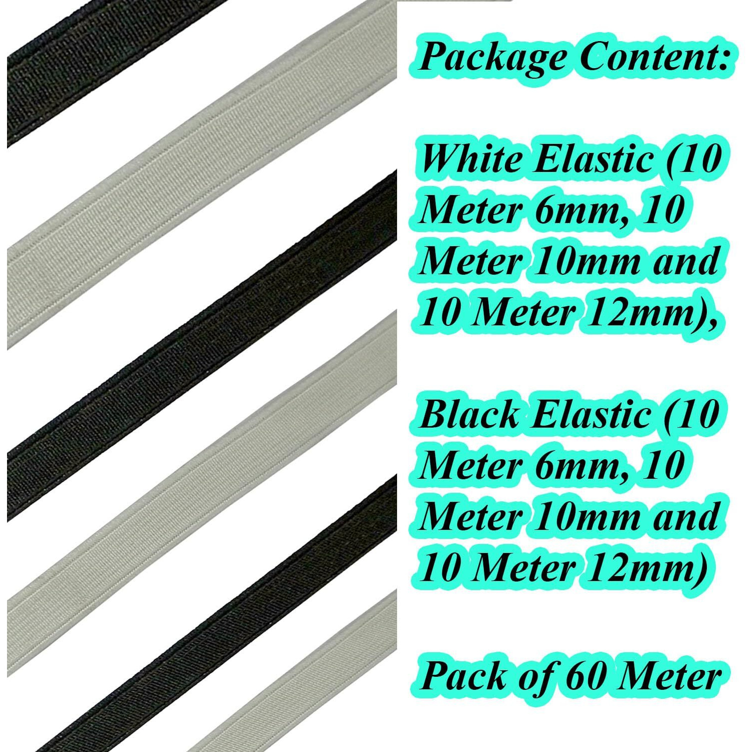 Aakriti Woven Elastic 6Mm, 10Mm & 12Mm Used For Sewing, Stitching, Tailoring, Elastic Pants And Other Diy Items Elastic Each Size & Color 10 Meter (Pack Of 60 Meter)