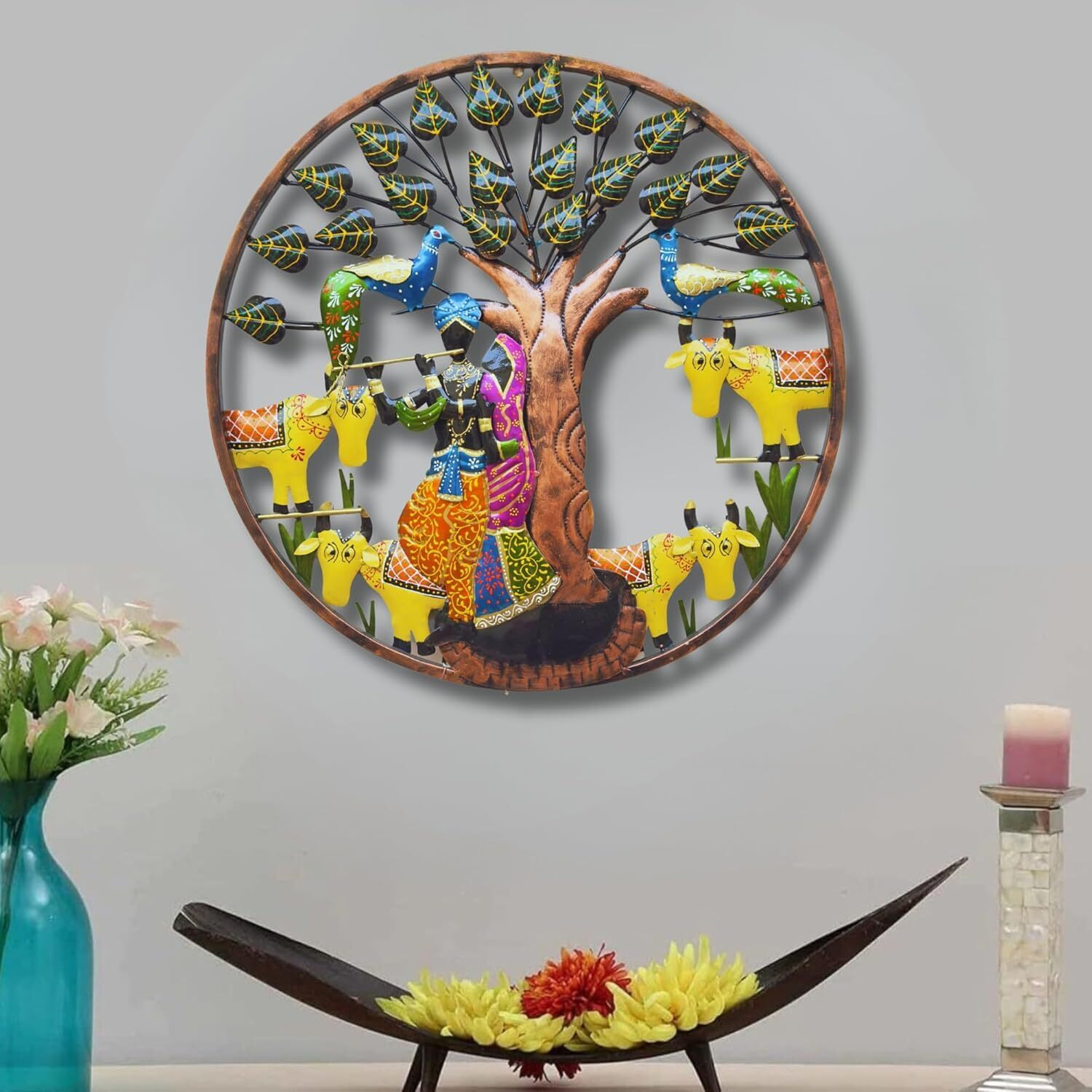 Anshika International Metal Round Radha Krishna Cow Frame With Led Lights Wall Hanging Modern Art Decoration Sculpture For Home Office Decor For Size 24X24 In