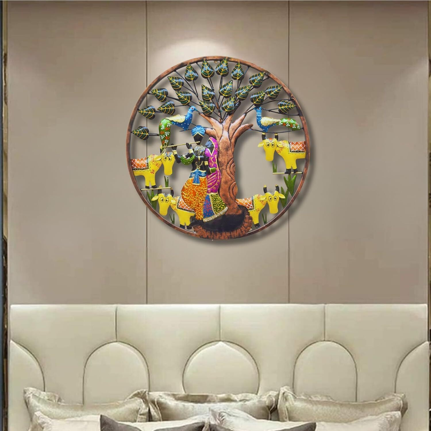 Anshika International Metal Round Radha Krishna Cow Frame With Led Lights Wall Hanging Modern Art Decoration Sculpture For Home Office Decor For Size 24X24 In