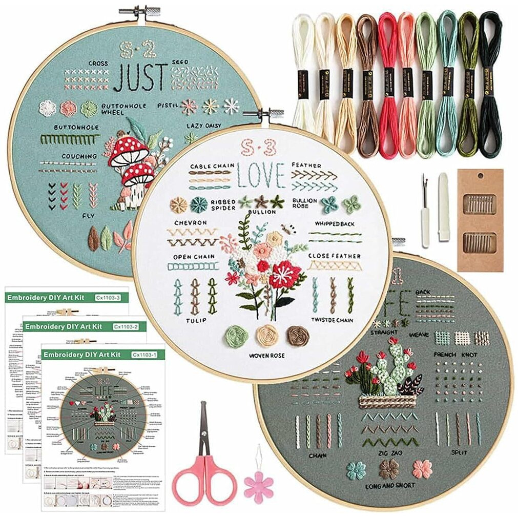 Zibuyu 3 Set Embroidery Kit For Beginners, Crochet Kit Diy Kit For Adult With Embroidery Cloth, Pattern, Hoops, Colorful Threads, Scissors And Materials - Anchor Stitch Cross Stitch Embroidery Kit