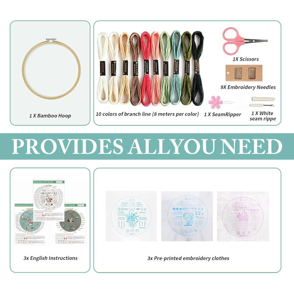 Zibuyu 3 Set Embroidery Kit For Beginners, Crochet Kit Diy Kit For Adult With Embroidery Cloth, Pattern, Hoops, Colorful Threads, Scissors And Materials - Anchor Stitch Cross Stitch Embroidery Kit