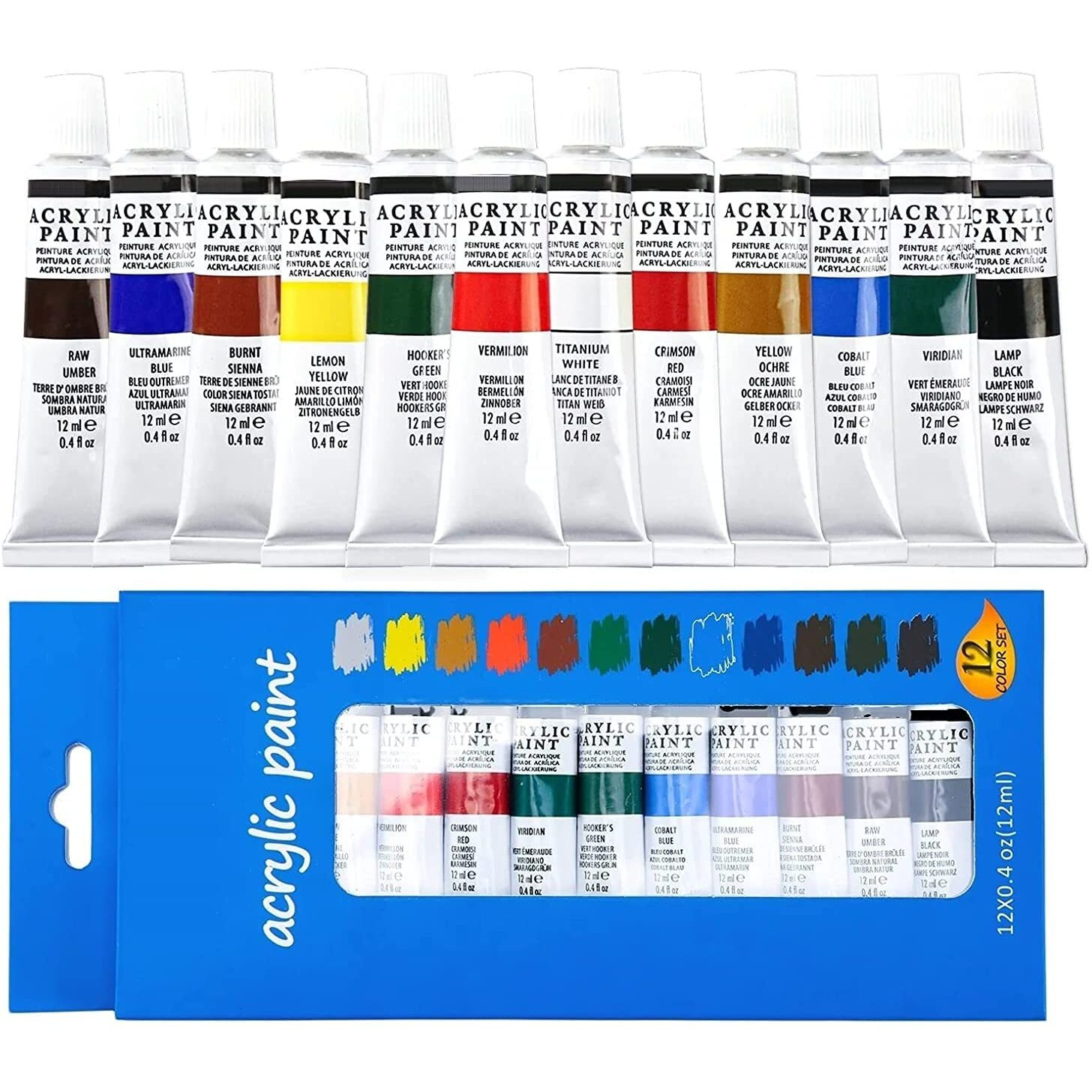 Wynhard Acrylic Paint Set Acrylic Painting Kit Canvas Painting Kit Acrylic Colours Paints Tubes Set 12Ml Acrylic Tube Paint Set Painting Colours 12 Color Set, Multicolor