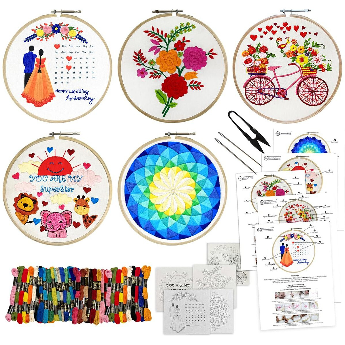 Embroiderymaterial Combo Of 5 Embroidery Kit For Beginners And Adults - Stitch And Cross Stitch Kit - Diy Art And Craft Kit With Embroidery Cloth, Hoops & Materials - Perfect Stitching And Fabric Kit