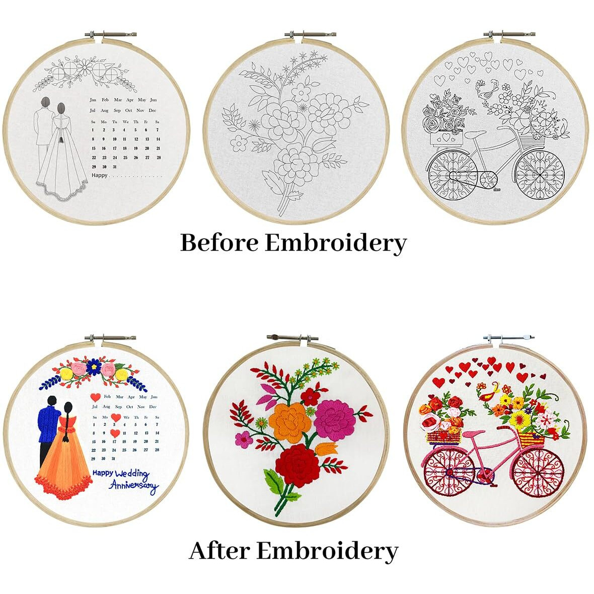 Embroiderymaterial Combo Of 5 Embroidery Kit For Beginners And Adults - Stitch And Cross Stitch Kit - Diy Art And Craft Kit With Embroidery Cloth, Hoops & Materials - Perfect Stitching And Fabric Kit