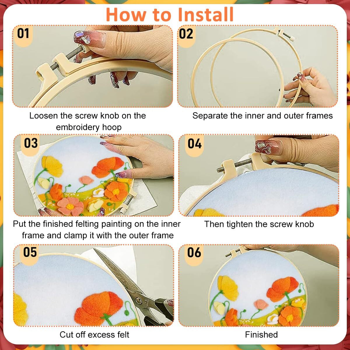 Patpat Diy Needle Felt Art Craft Kit Flower Poking Stitch Art Kit With Embroidery Punch Needles, 8.35 Inches Dia Embroidery Hoop, Diy Art Gift For Kids Adults