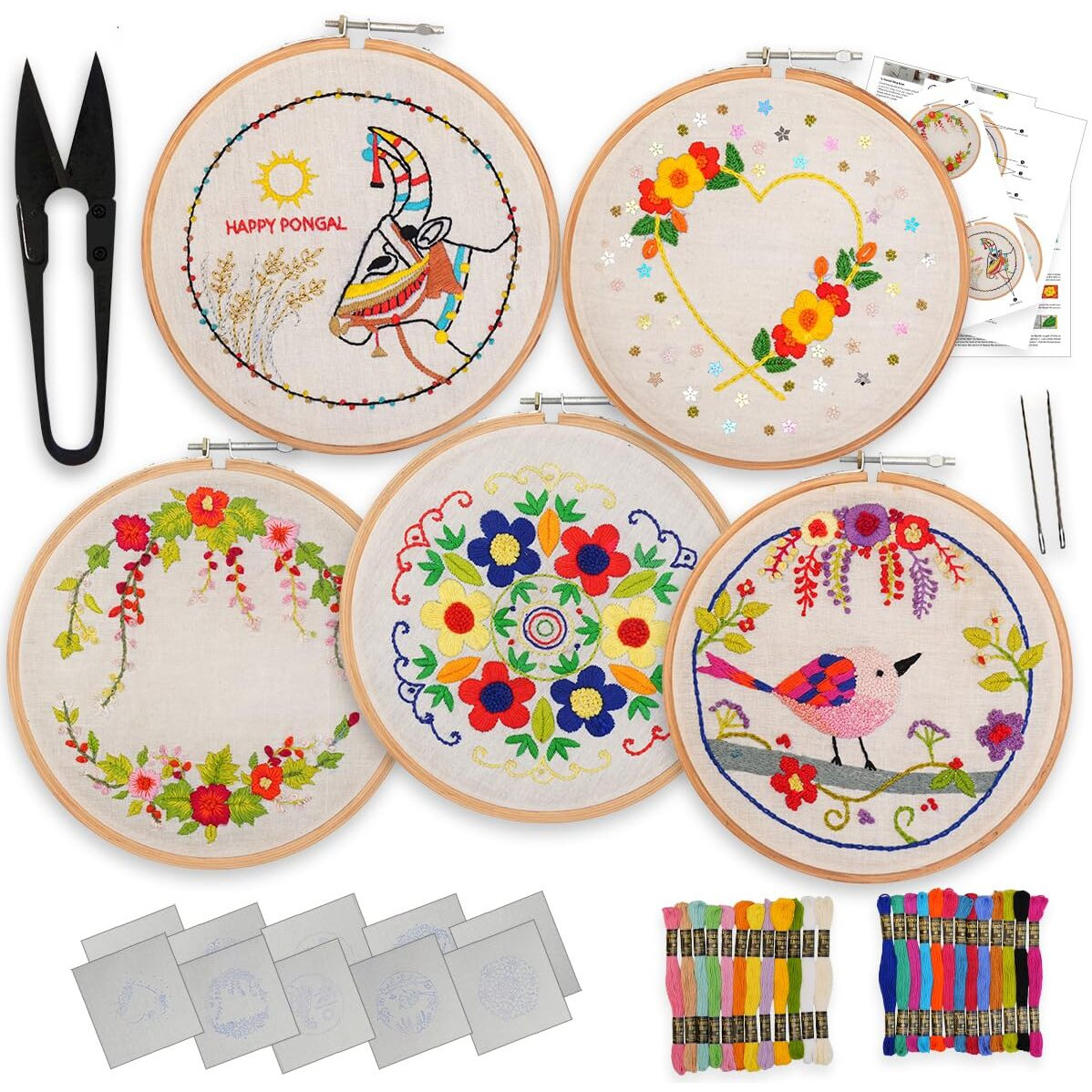Embroiderymaterial Pack Of 5 Diy Embroidery Kit For Beginners, Cross Stitch Kit With 5 Different Designs Pre-Printed On Fabric, Floral, Heart, Bird & Festive Designs With Instruction Sheet